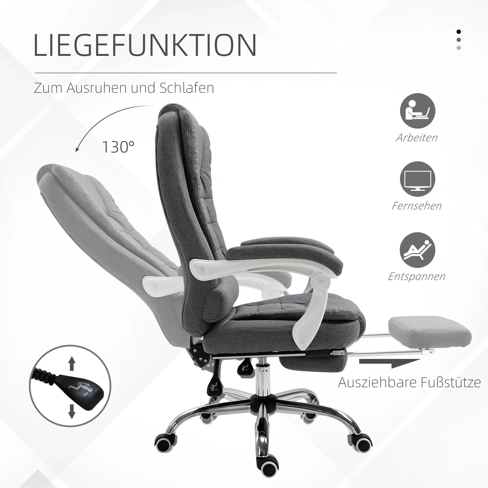 Bürostuhl Grau+Weiß 65L x 70B x 110-118H cm mit Fußstütze