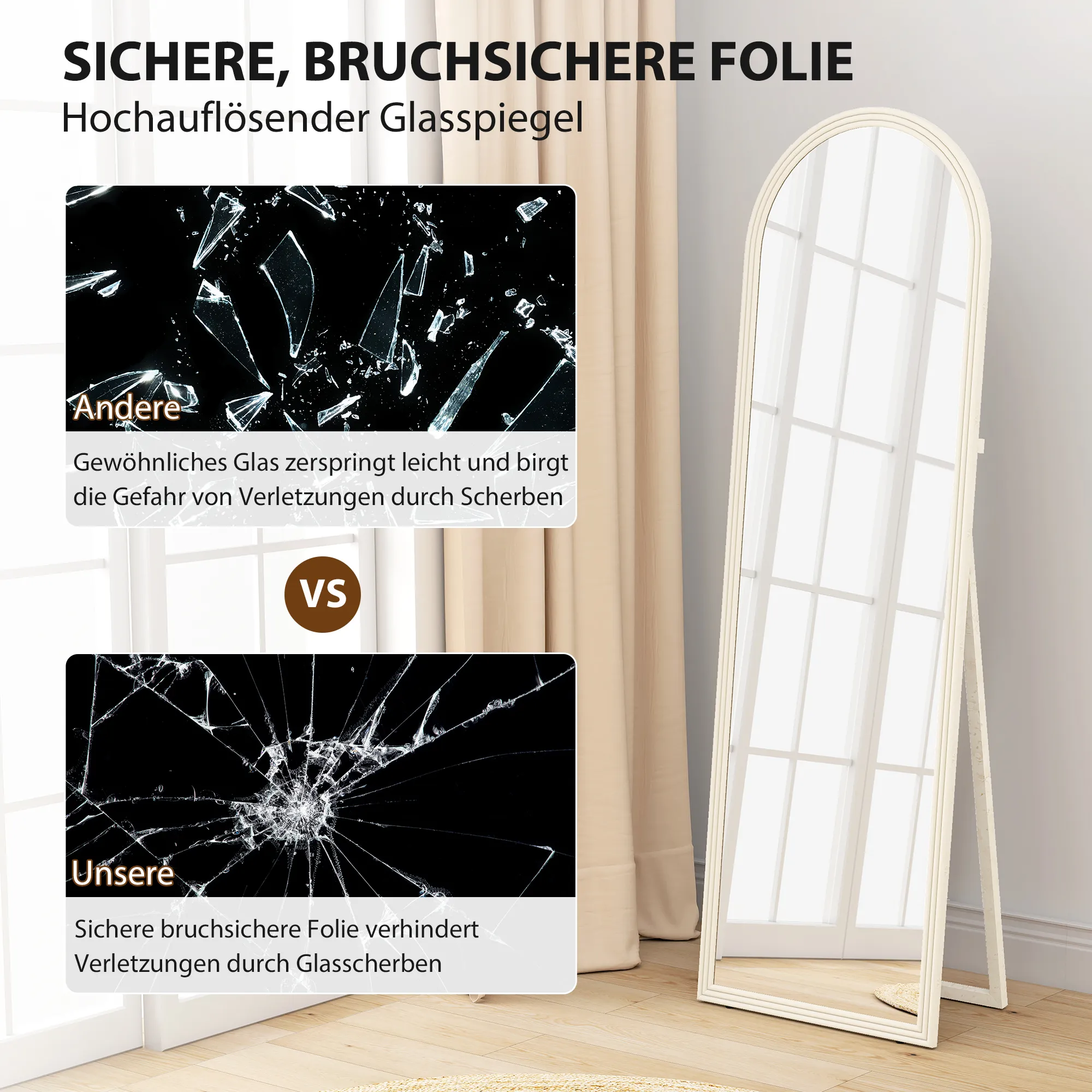 Bogenförmiger Standspiegel 50B x 3,7T x 160H cm in Weiß
