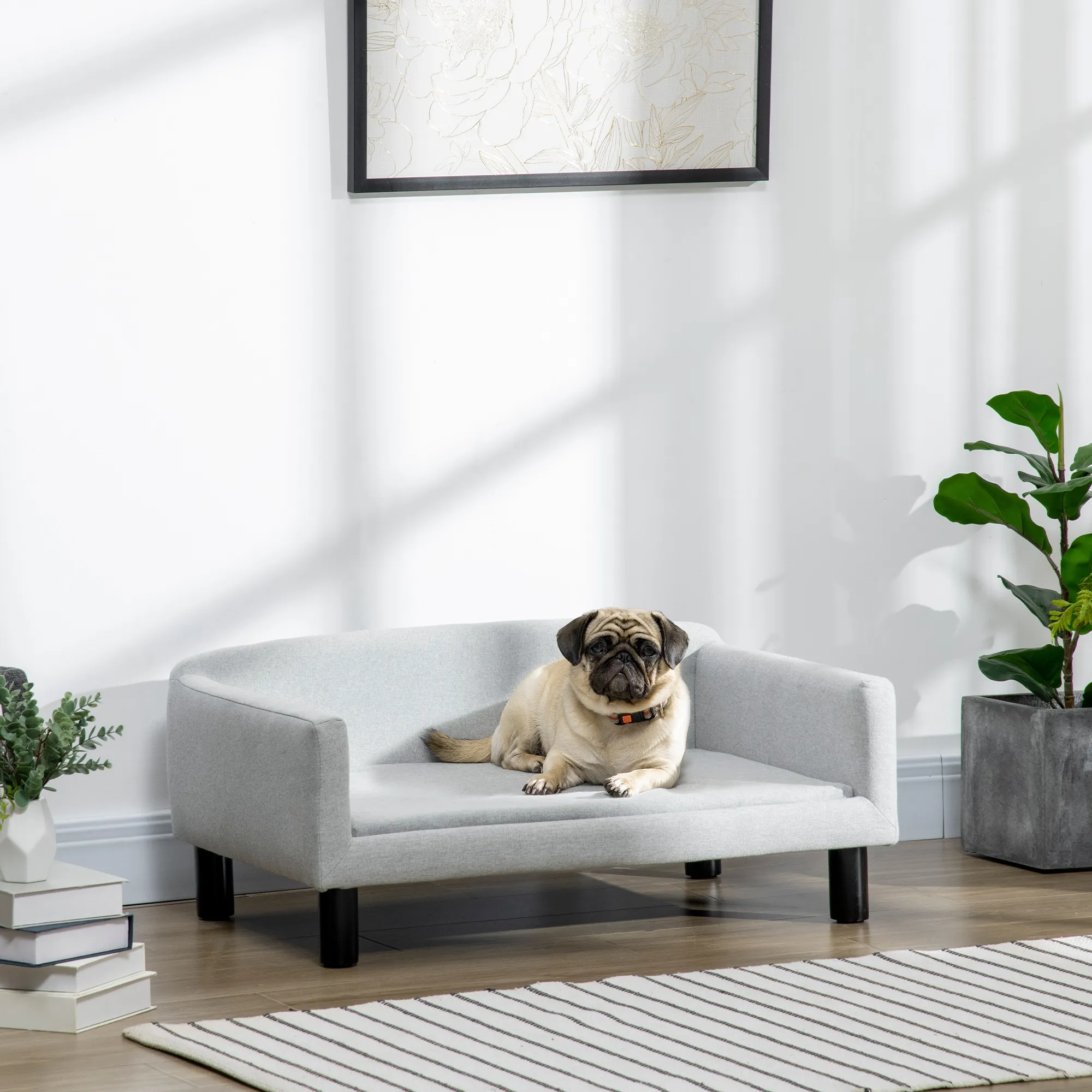 Hundesofa aus Samt mit Holzbeinen, 82x54x36 cm, Hellgrau