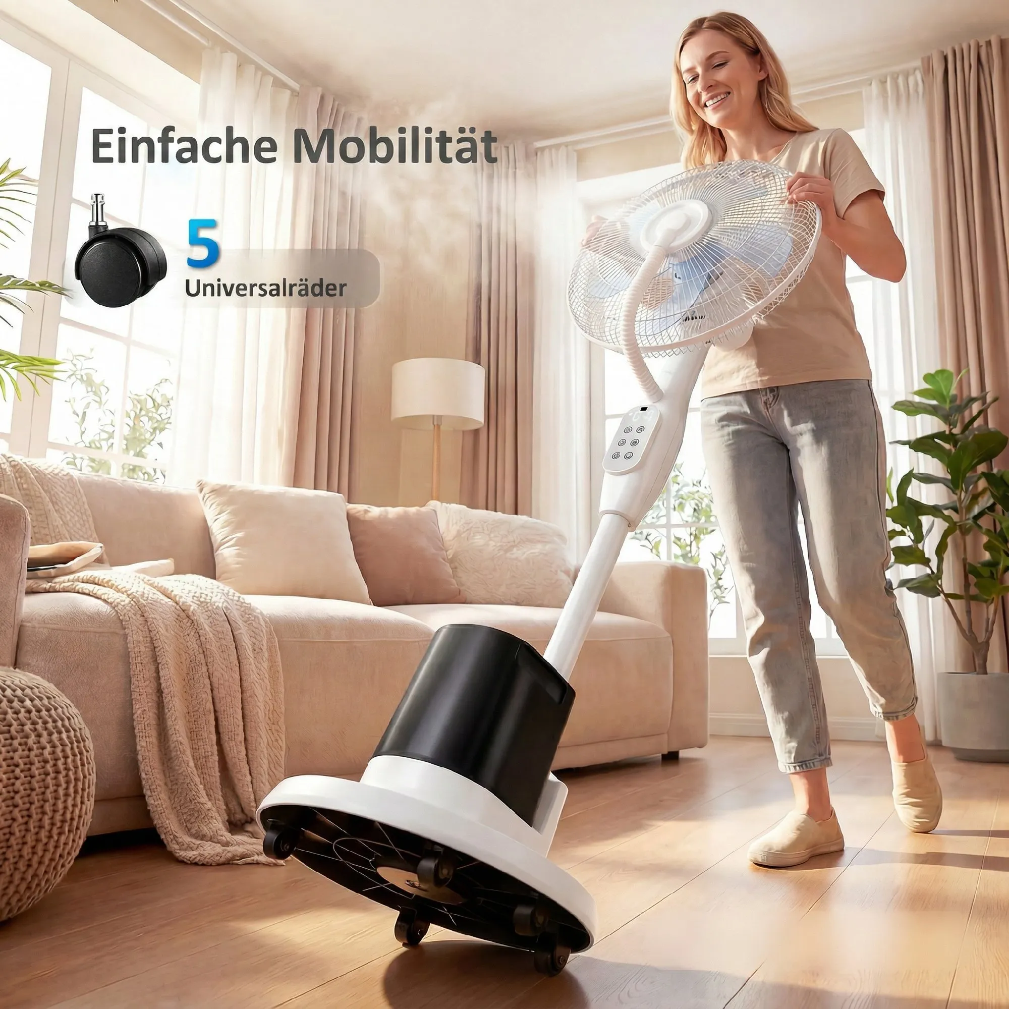 Stehventilator mit Sprühnebel, 70° Oszillation, 3 Geschwindigkeiten, 3 Modi, 3,5L Wassertank, Weiß