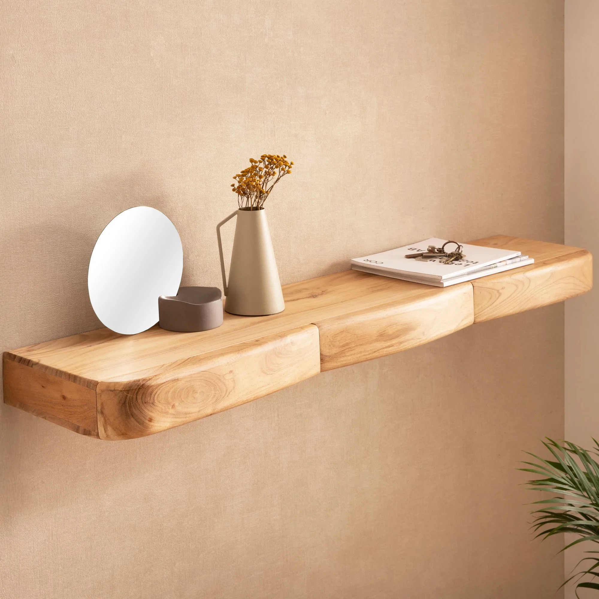 Wandregal Akazie Massivholz 120cm mit drei Schubladen - Design Regal für die Wand - Holz Wandboard mit Stauraum - Schwebendes Hängeregal aus Echtholz