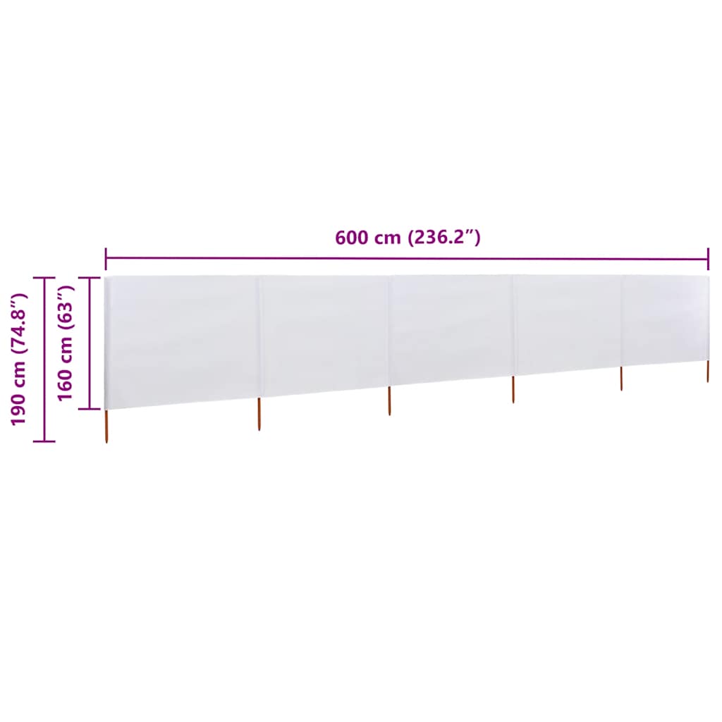 5-teiliger faltbarer Windschutz 600x160 cm Sandweiß