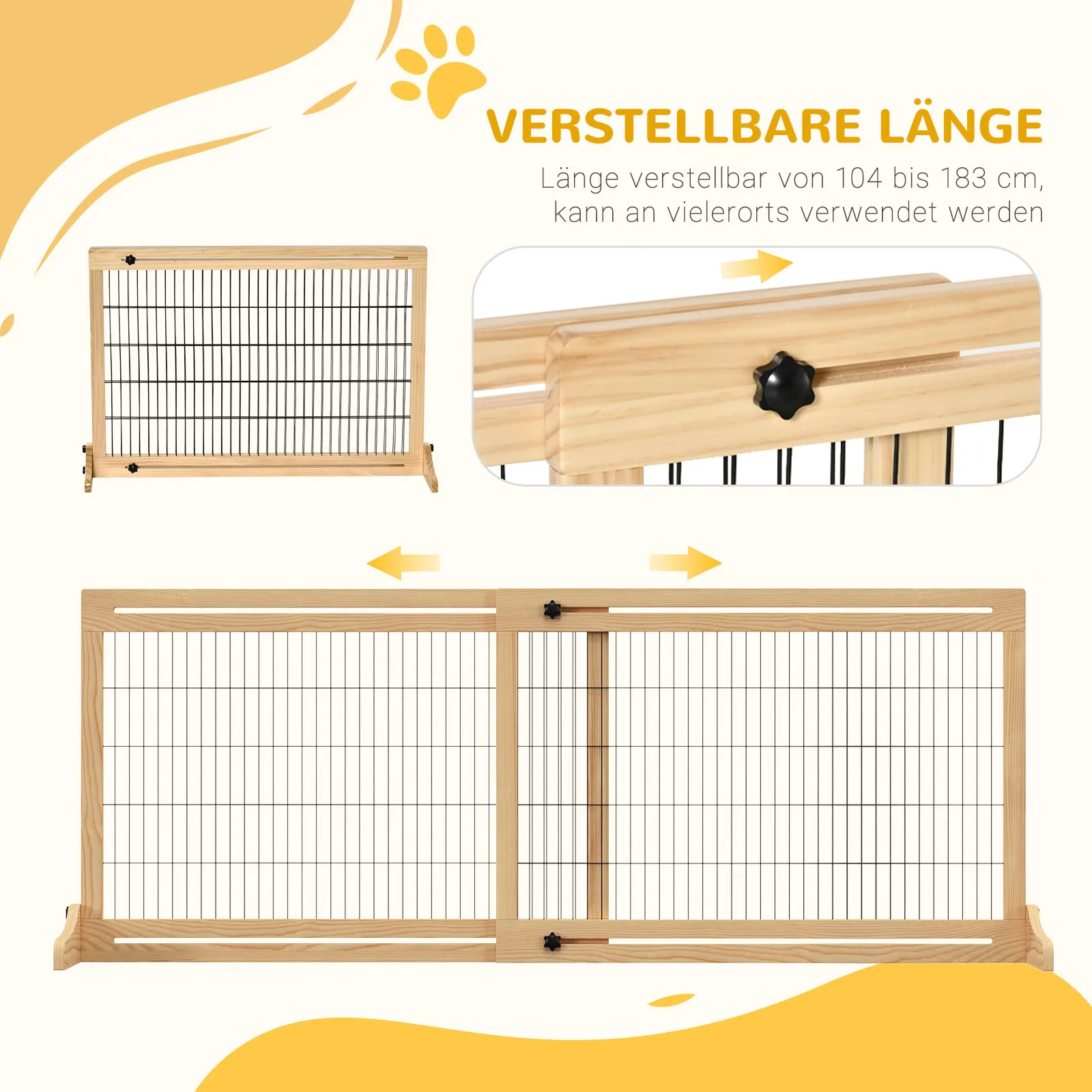 Hundeschutzgitter aus Kiefernholz, ausziehbar, Natur, 180 cm