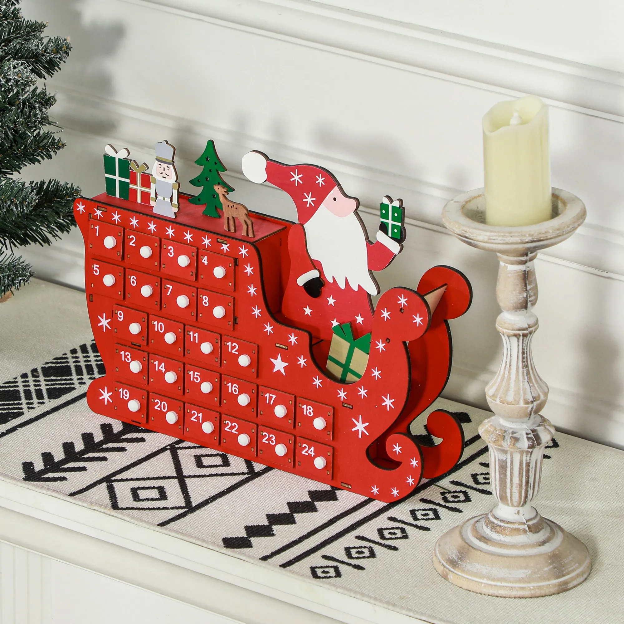 Adventskalender Weihnachtsmann mit Schlitten, 24 Fächer, wiederverwendbar, 22,5x8x36 cm, Rot