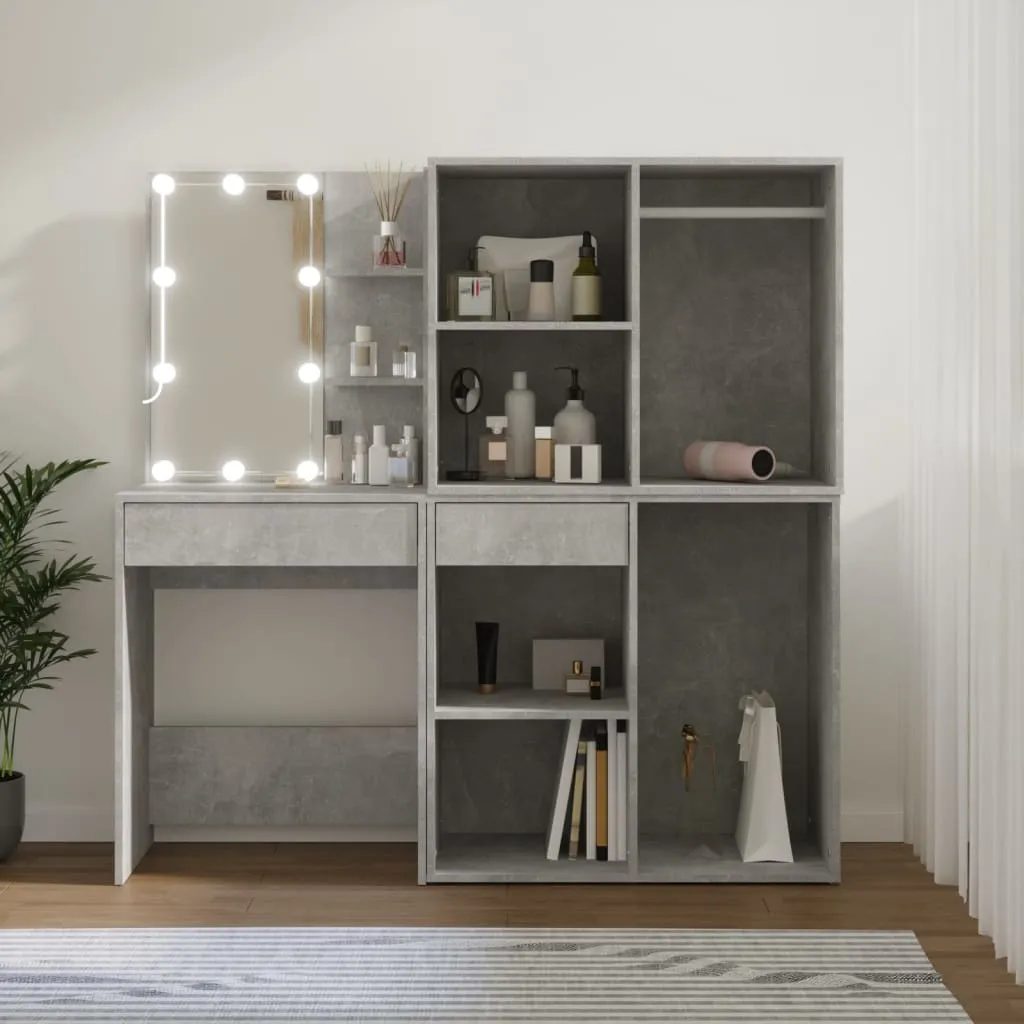 LED-Schminktisch Betongrau 60x40x140 cm mit 2 Schränken aus Holzwerkstoff