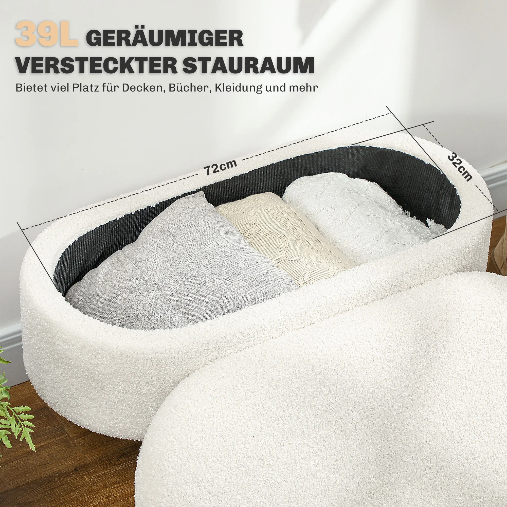Sitzbank mit Stauraum und Deckel, Fußhocker für Flur, Wohnzimmer, Schlafzimmer, Holz, Stoffbezug, Weiß