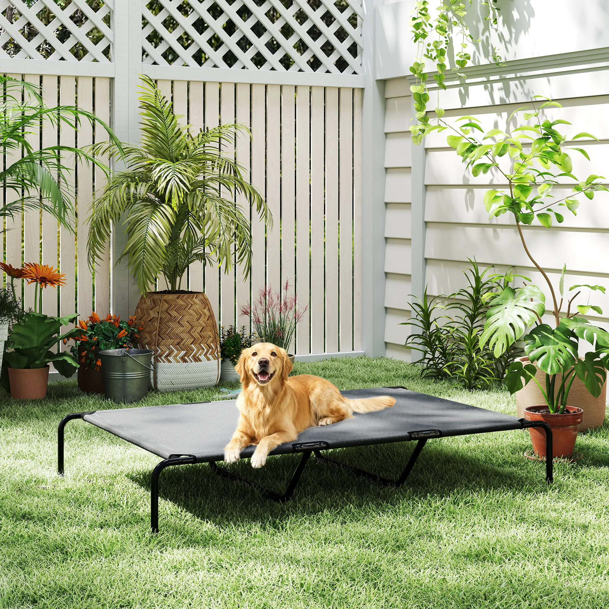Hundebett Outdoor erhöht für große Hunde, Stahl, 152x94x23 cm, Grau