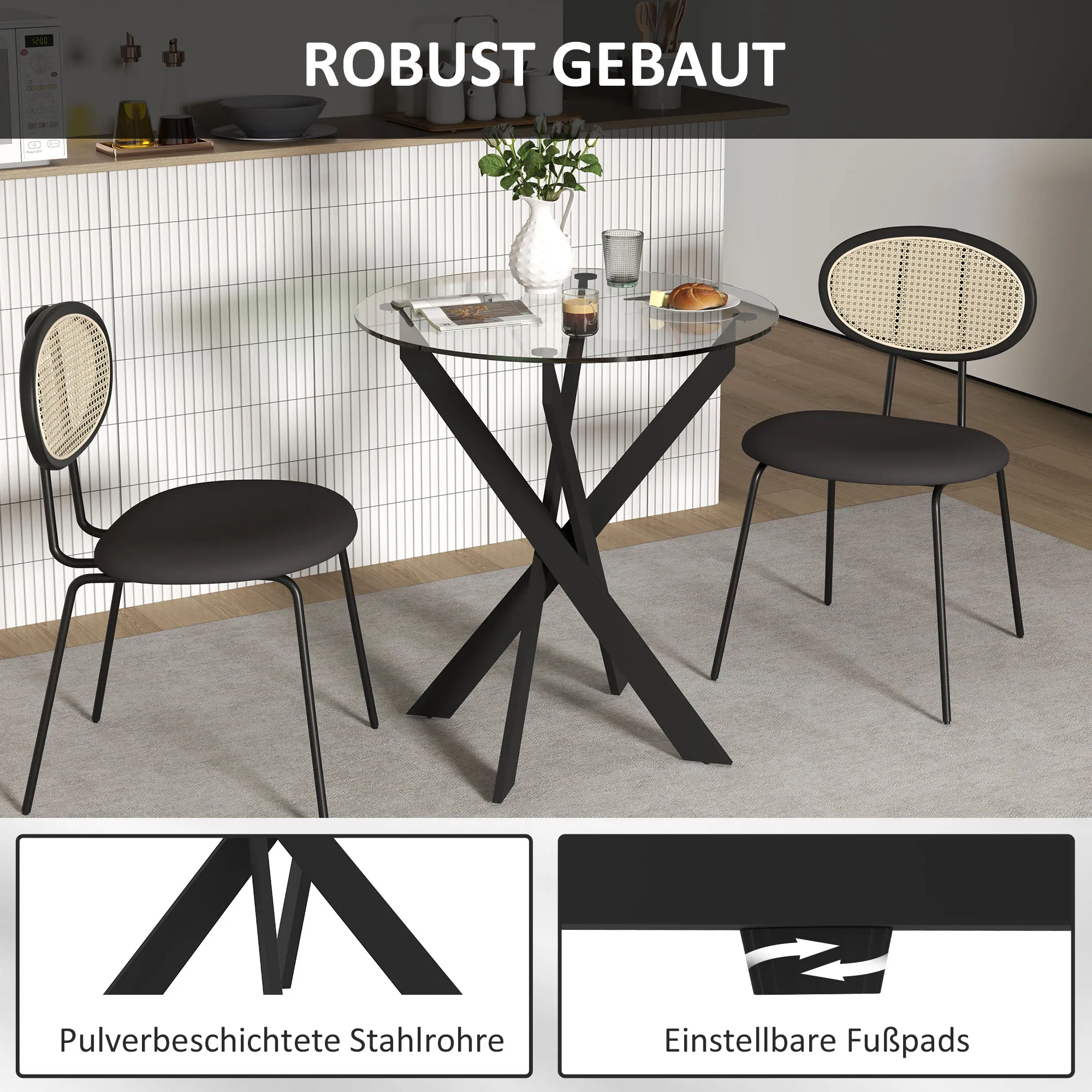 Moderner Glas-Esstisch, 70 cm Durchmesser, Küchentisch mit gehärteter Glasplatte und Metallbeinen, für 4 Personen