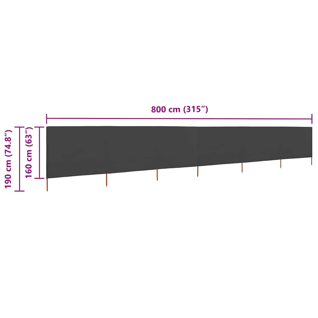 6-teiliger faltbarer Windschutz 800x160 cm Anthrazit mit Massivholzpfählen