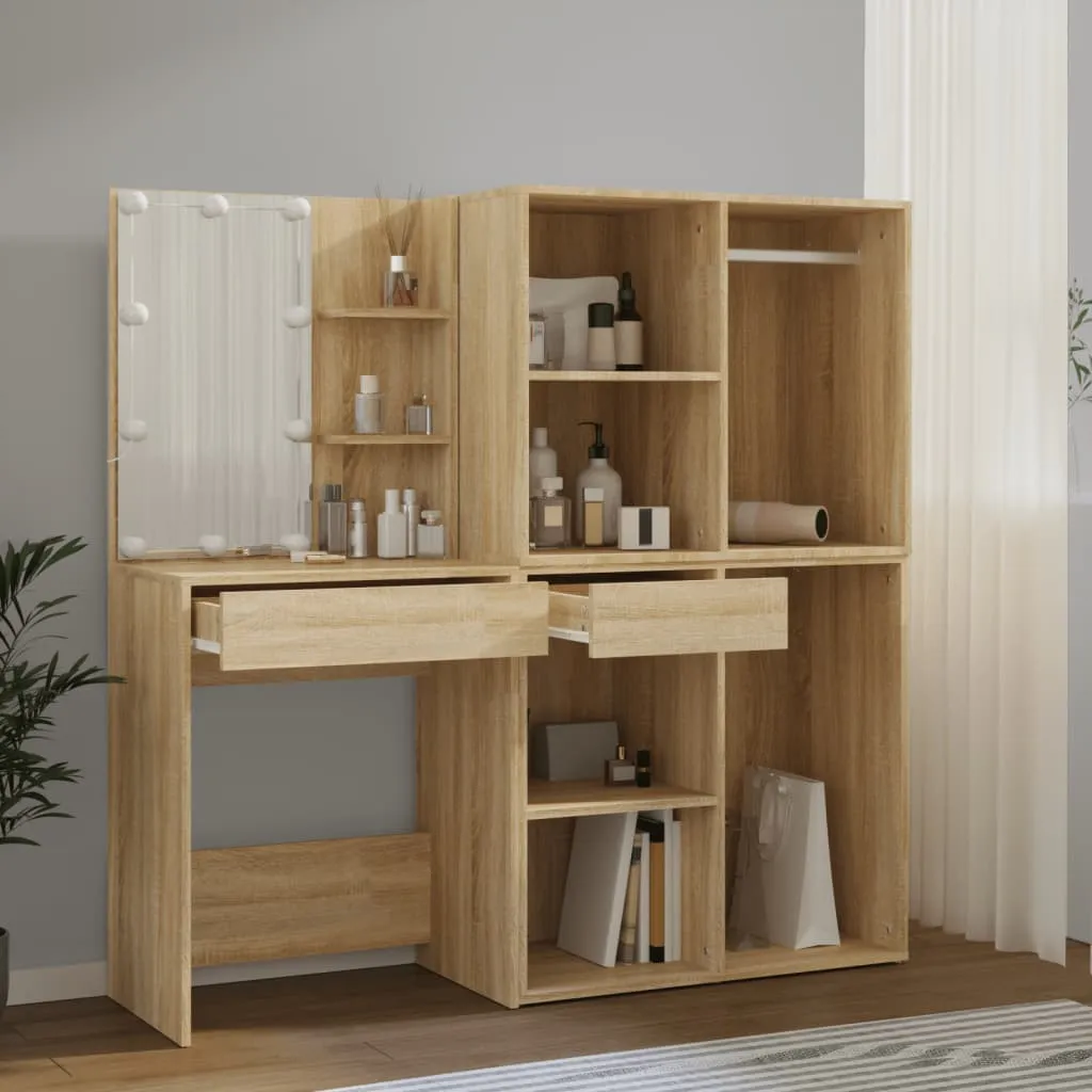 LED-Schminktisch Sonoma-Eiche 60x40x140 cm mit 2 Schränken