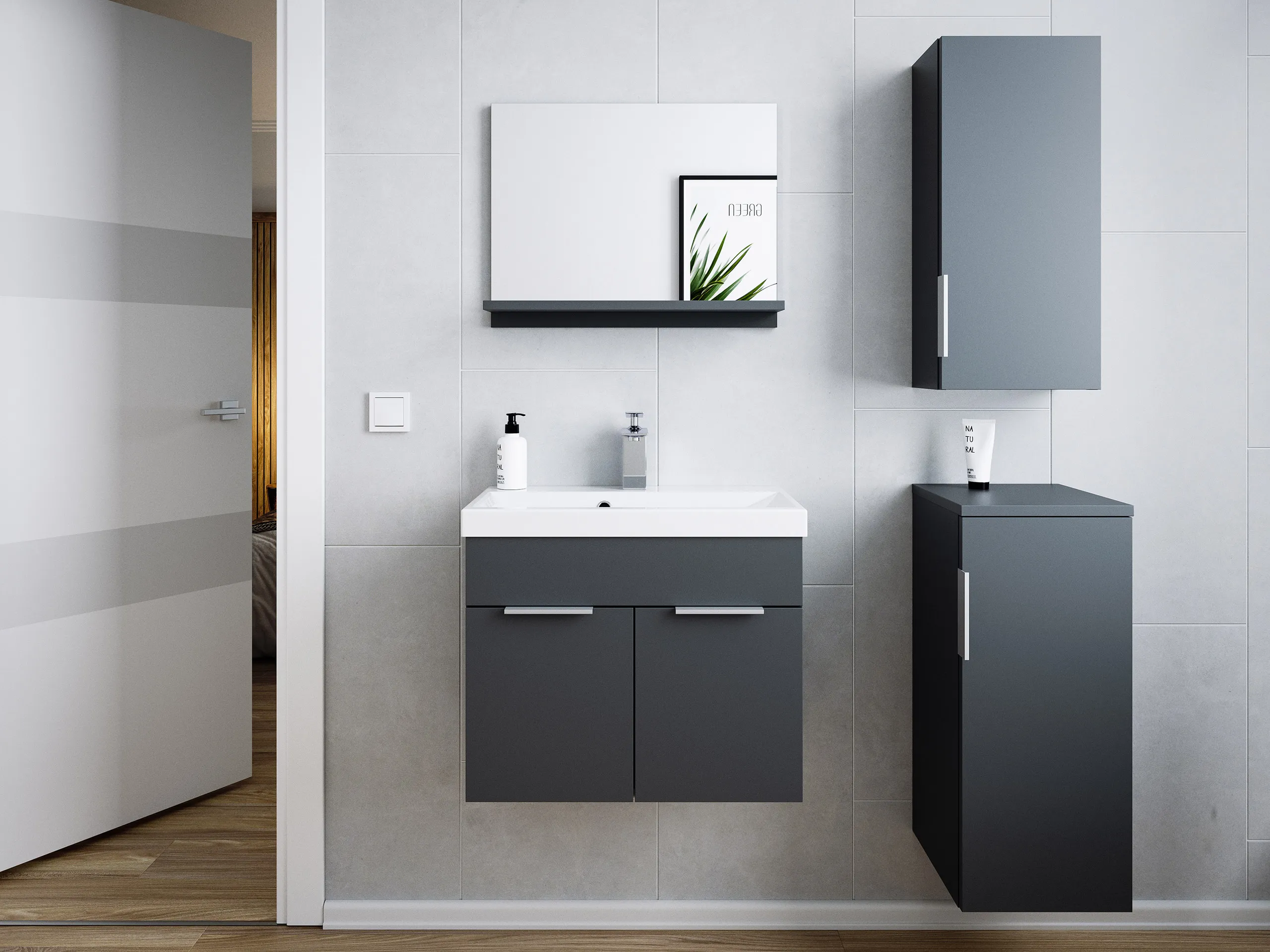 Badmöbel-Set Slimline Lago 4tlg mit Spiegel & Midischränke grafit ST/grafit matt