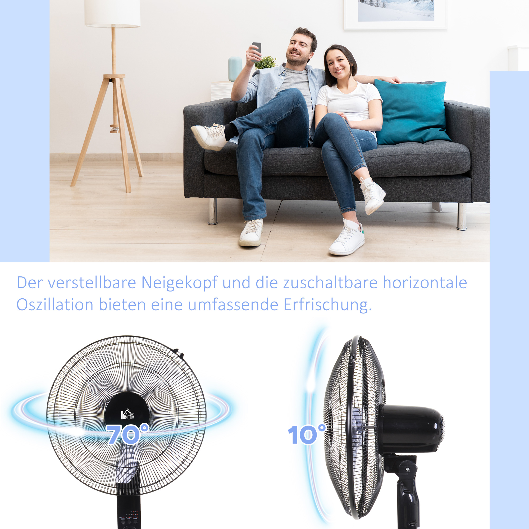 Standventilator mit Fernbedienung, Höhenverstellbarer Ventilator, 70° Oszillierender Lüfter, 3 Geschwindigkeitsstufen, Verstellbarer Neigungswinkel, 7,5h Timer, Ø44,5 x 110-124 cm, Schwarz