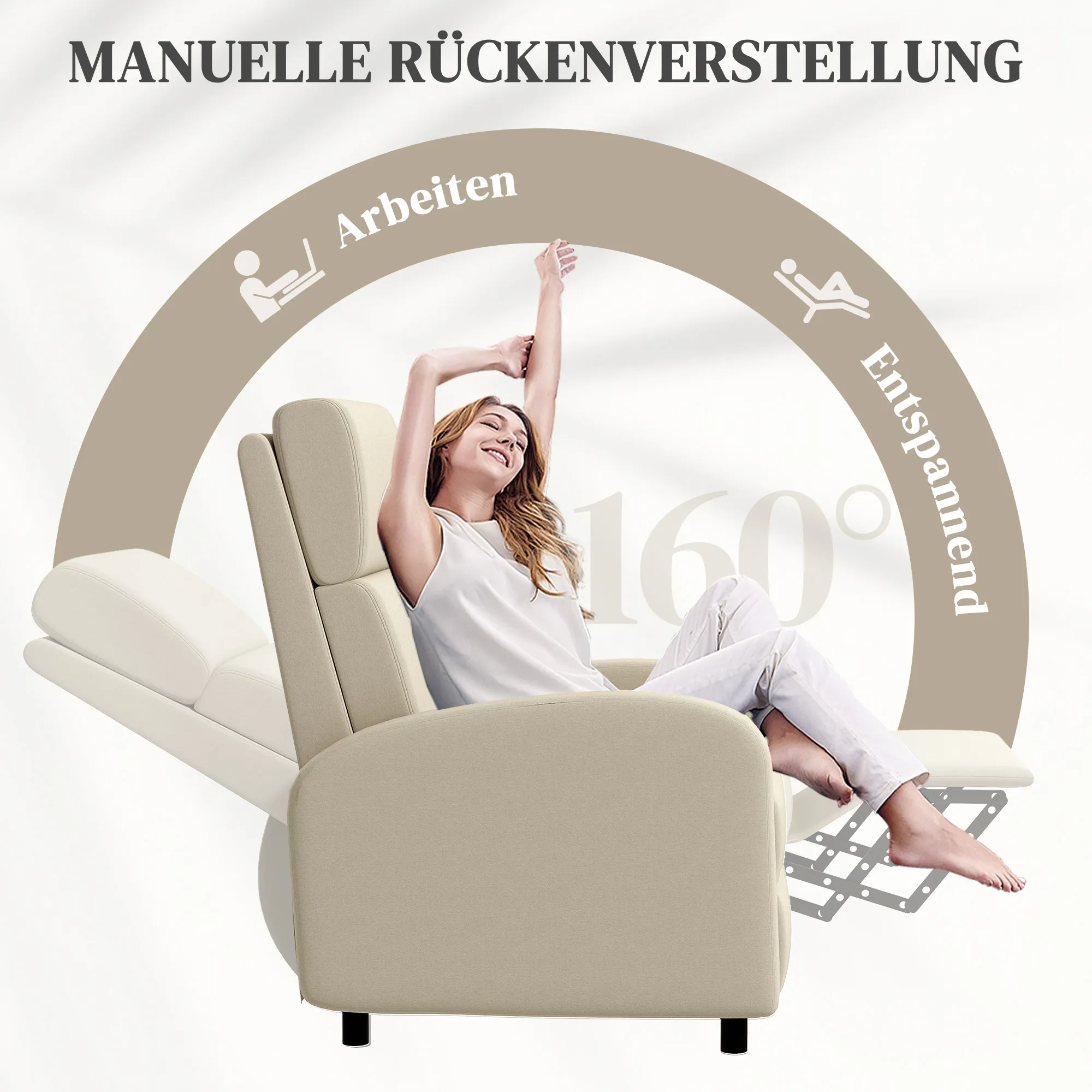 Relaxsessel Fernsehsessel, ausklappbare Fußstütze, neigbar bis zu 160°, 64 x 86 x 102 cm, Creme