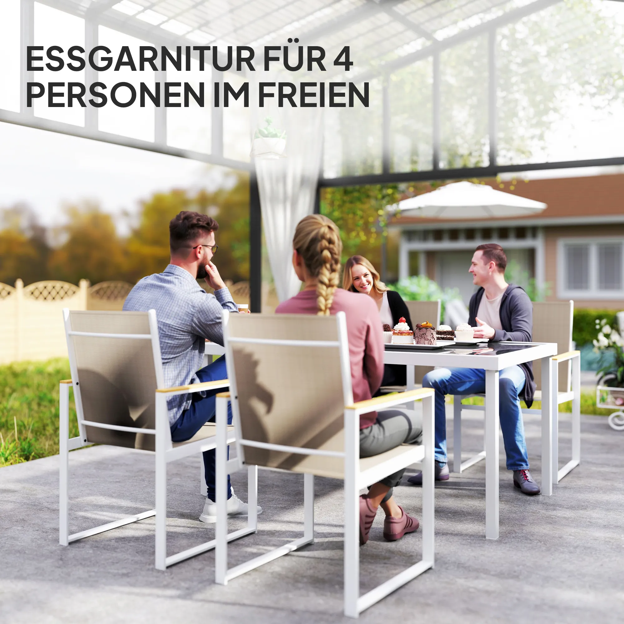 5-teiliges Ess-Set, Outdoor-Tisch aus Hartglas, 4 Stühle, wetterbeständig, Stahlrahmen, Terrassenmöbel, Mehrfarbig