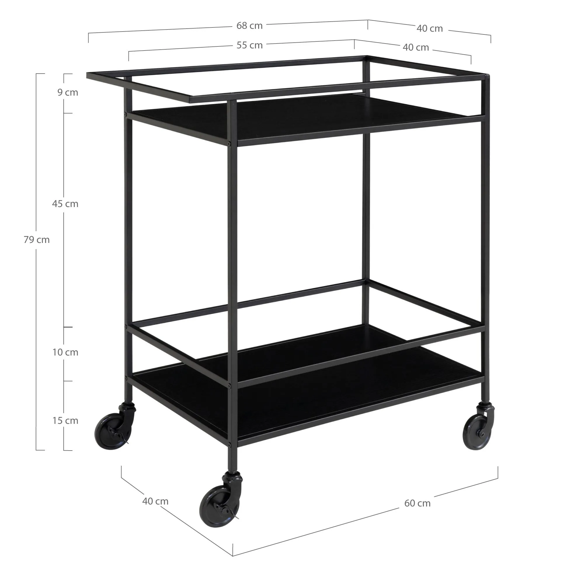tinkaro Barwagen Vita 2 Regalböden 68x40x79 cm Schwarz