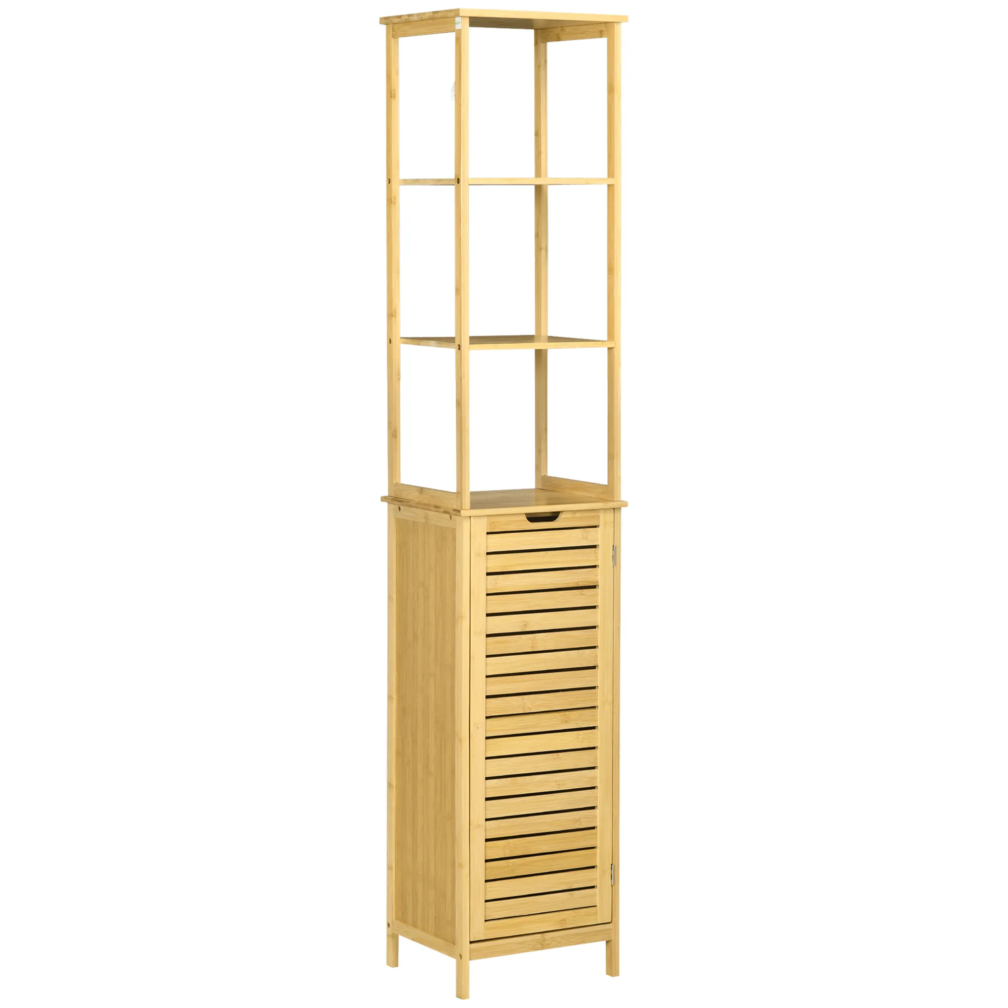 Badschrank, Hochschrank, drei Regalböden, ein Schrankfach mit Lamellentür, Kippschutz, Bambus, 34 x 30 x 173cm