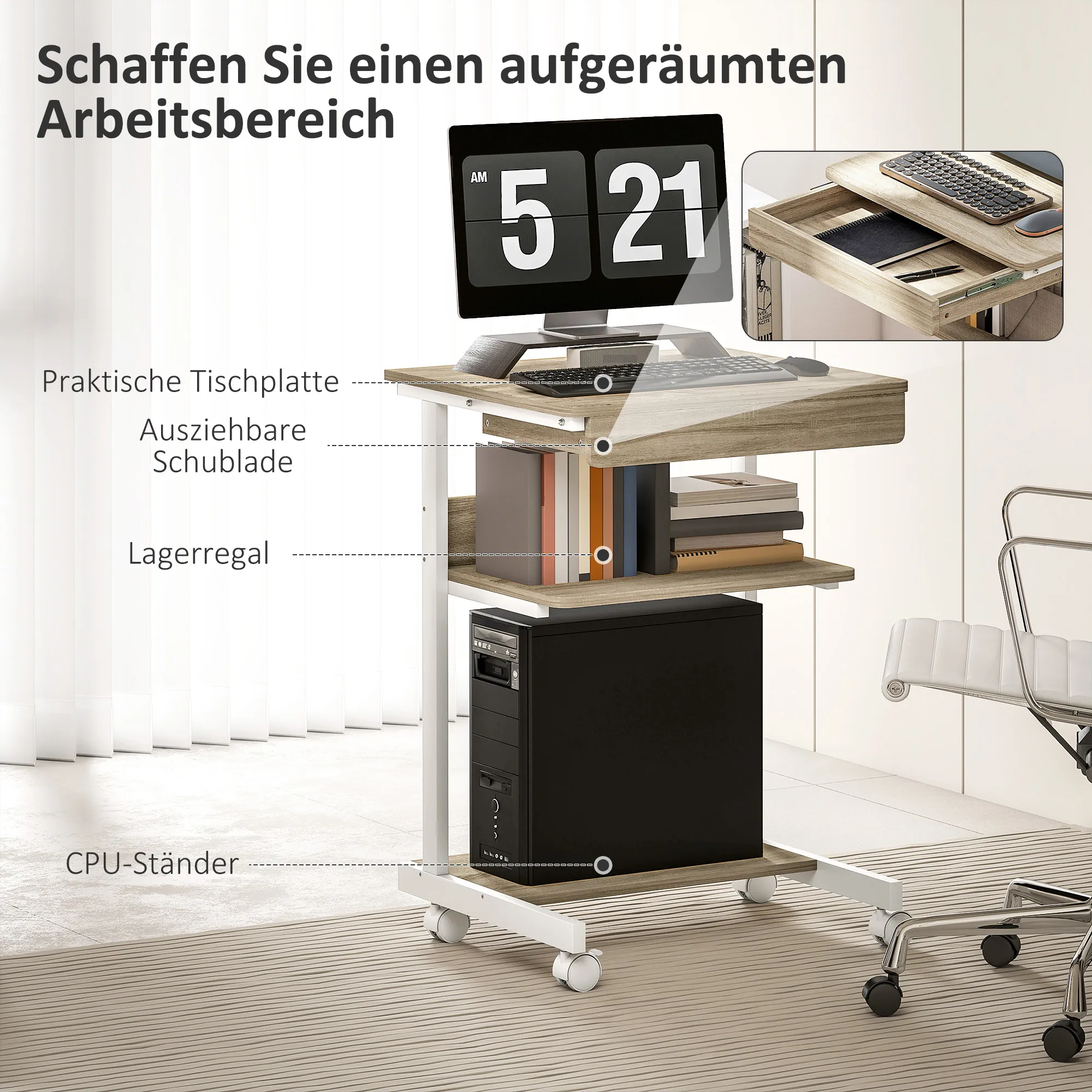 Roll-Schreibtisch mit Schublade und Regalen, 4 Räder, kompakt, Spanplatte, Metall