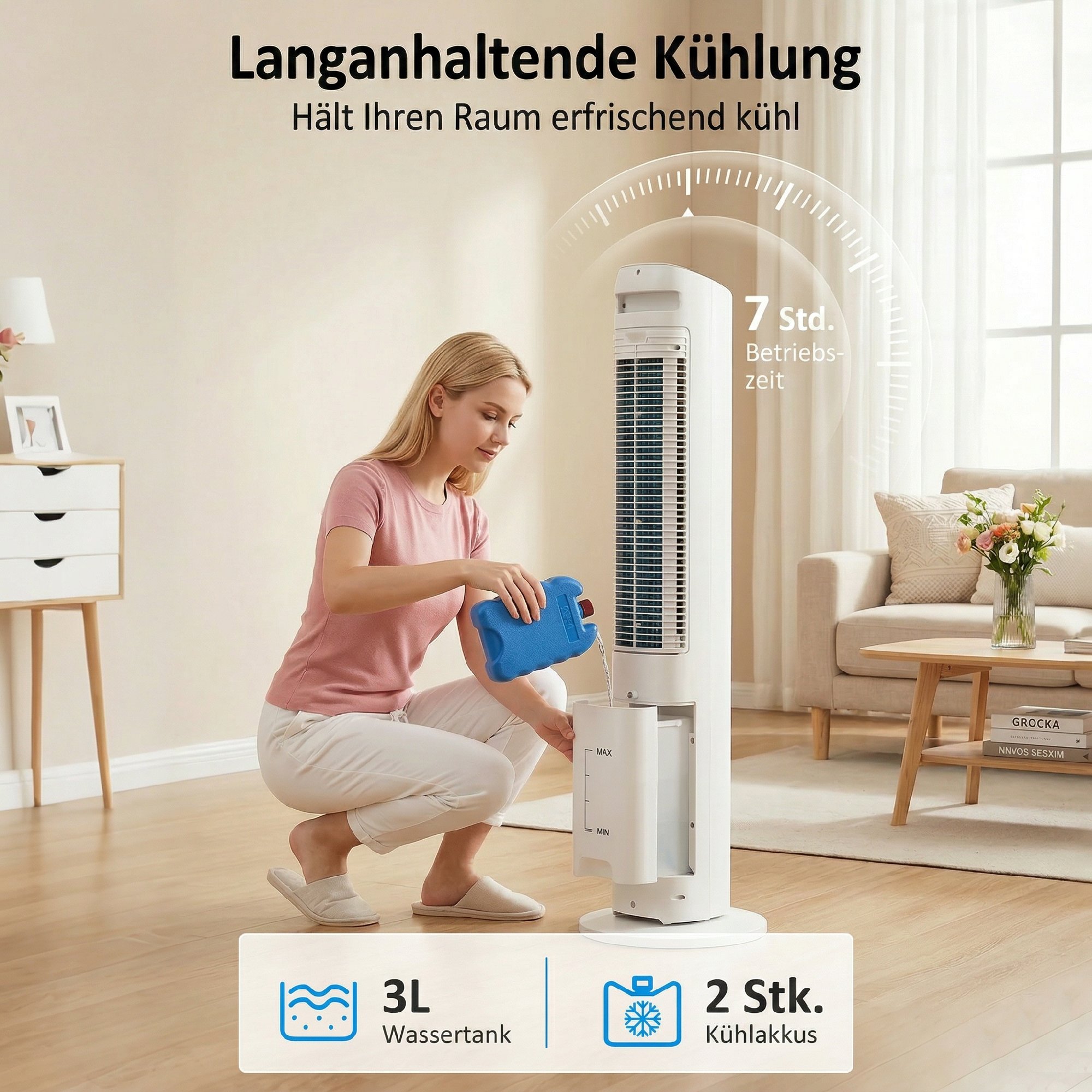 3-in-1 Turm-Luftkühler mit 3-Liter-Wassertank, 3 Geschwindigkeiten und 3 Modi, Weiß