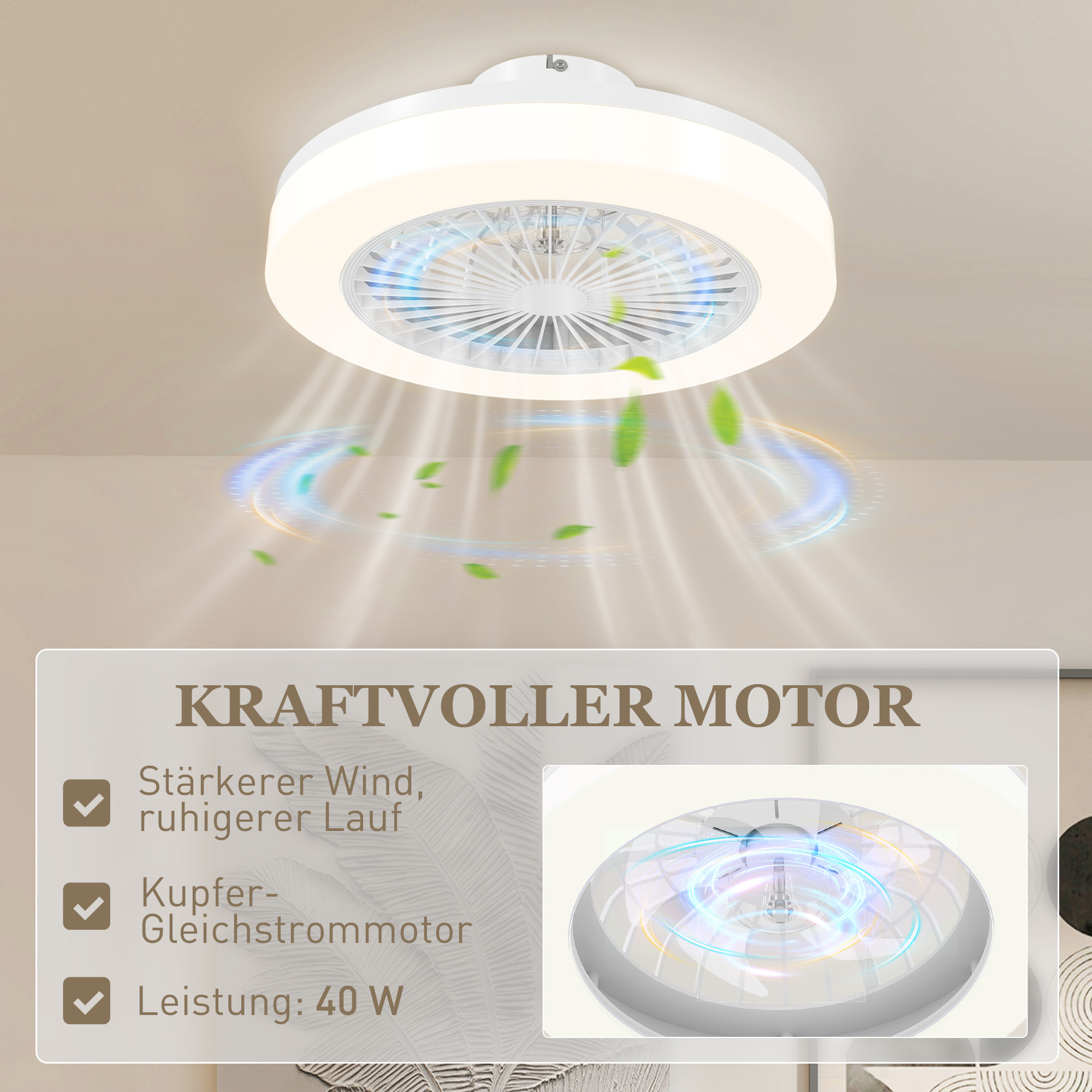 Deckenventilator mit Licht Ø50 x 22,5H cm in Weiß
