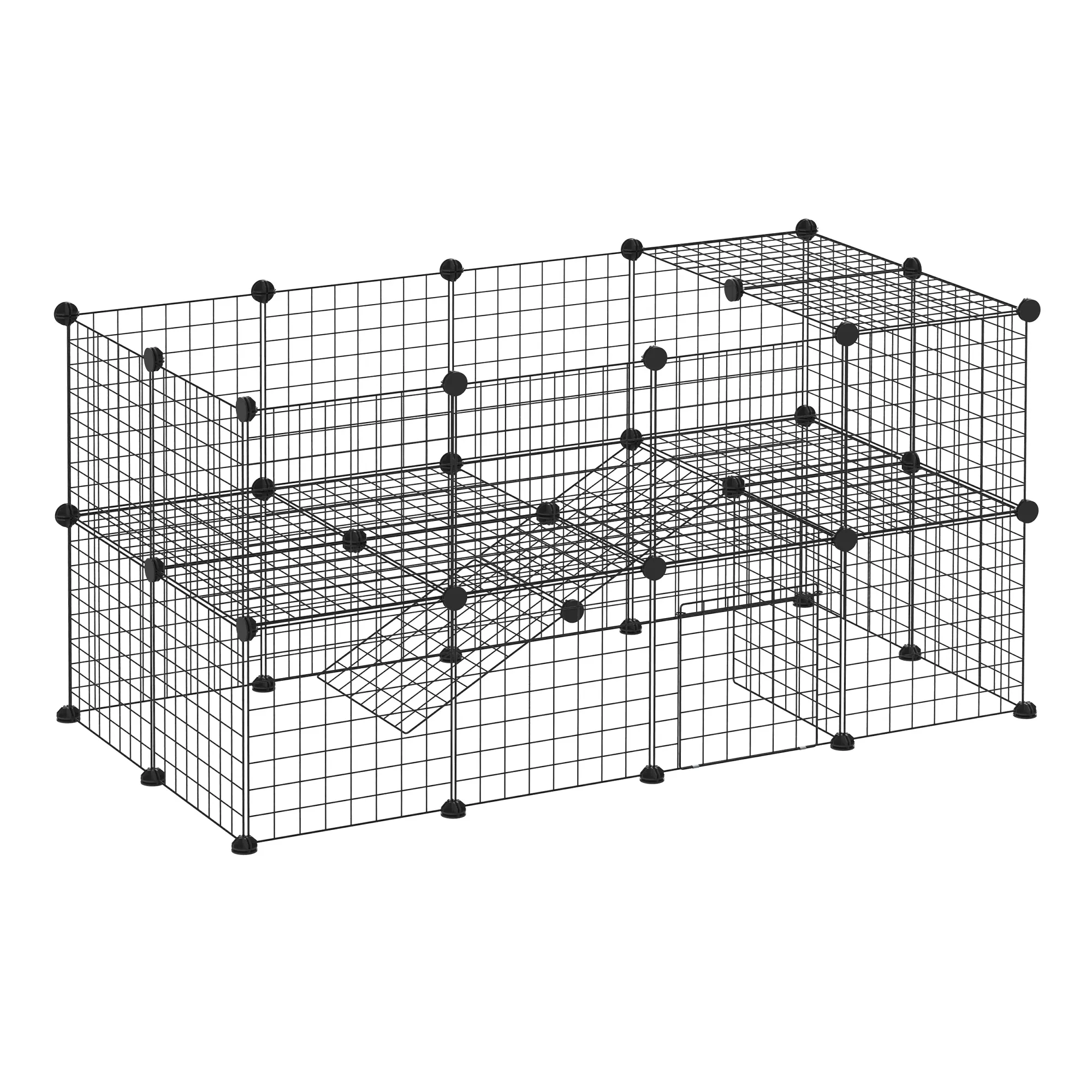 Freigehege, Freilaufgehege, Laufstall mit 36 Platten, Kleintiergehege für Kleintiere, Meerschweinchen, Gehege für innen und außen, Metallgitter, 146 x 73 x 73 cm, Schwarz