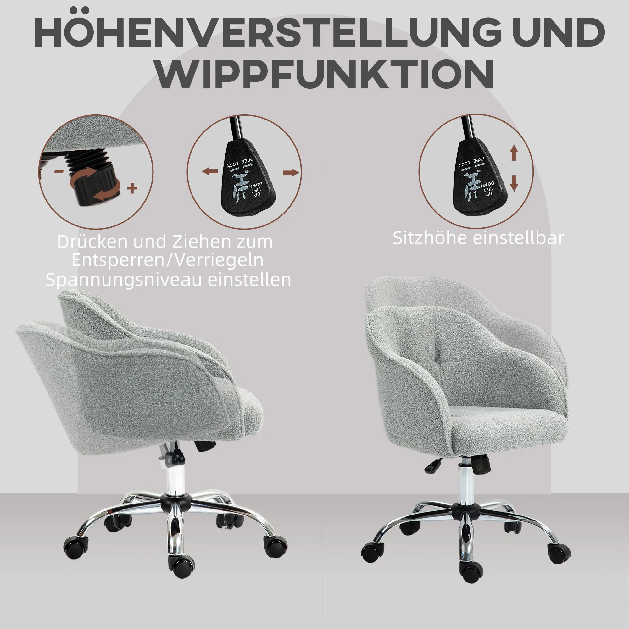 Homeoffice Stuhl, Ergonomisch Schreibtischstuhl mit Wippfunktion, Teddysamtoptik 56 x 61 x 86 cm Grau