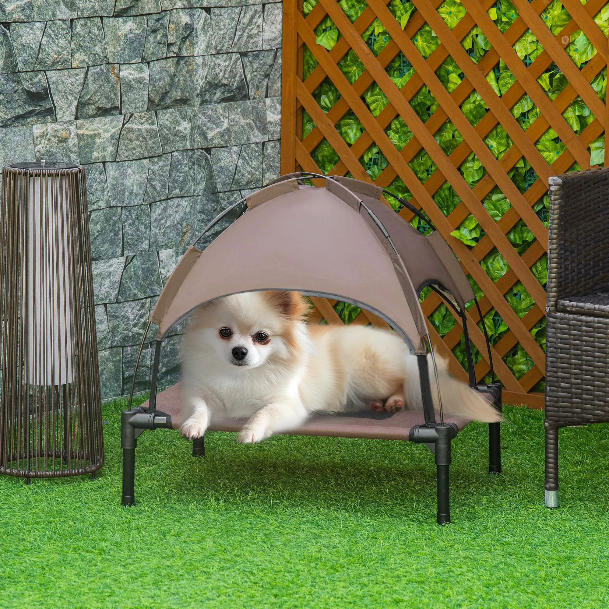 Hundebett mit Baldachin, erhöhte Hundeliege, Mesh, Kaffee-Schwarz