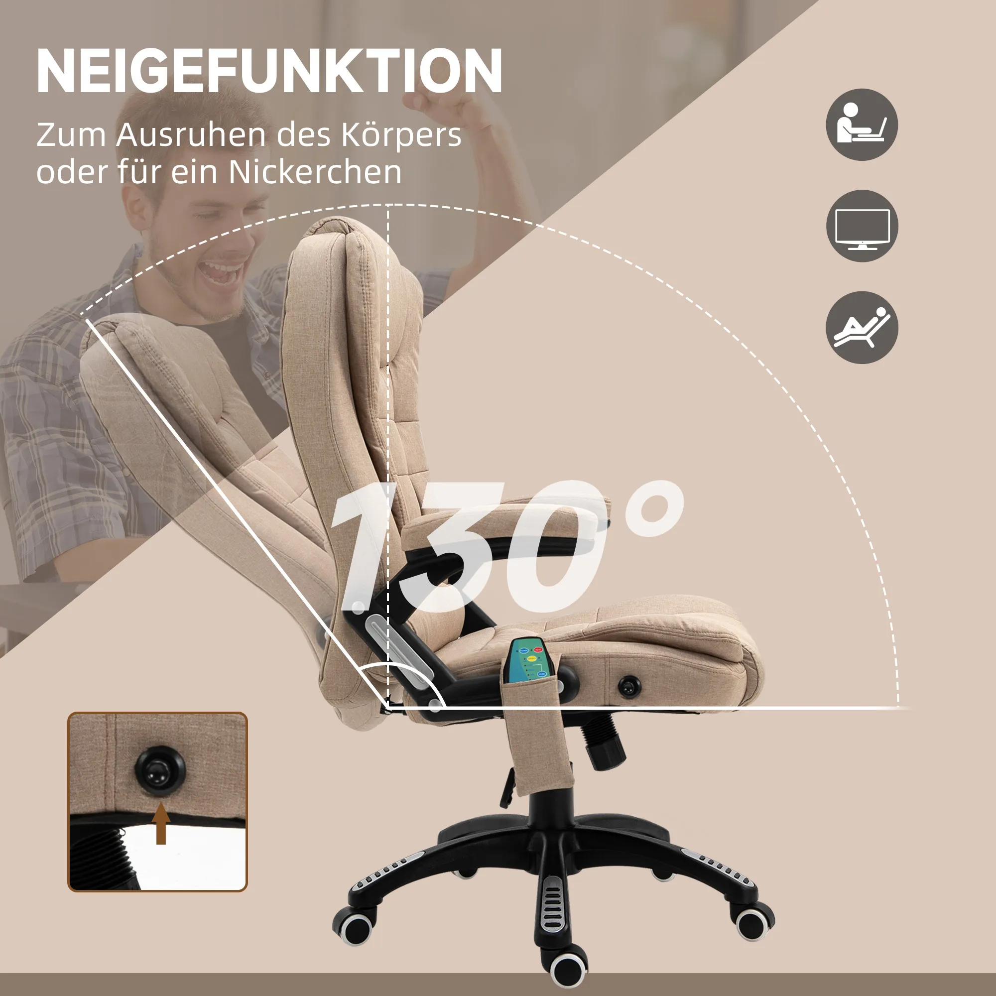 Massagesessel mit Wärmefunktion, Ergonomischer Schreibtischstuhl, höhenverstellbar, 68L x 72B x 110-120 cm, Braun