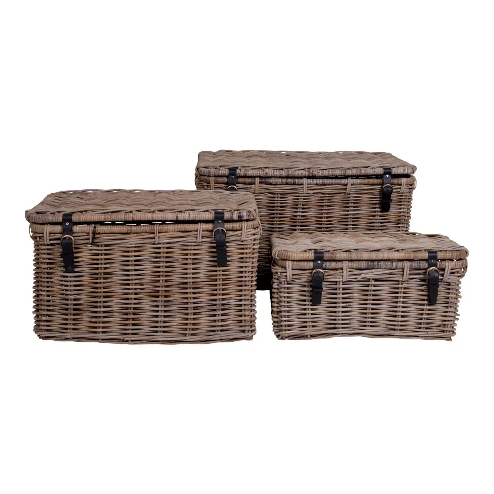 tinkaro Aufbewahrungsbox Set 3-teilig Kubu-Rattan Ledergriff Grau 81x71x61 cm