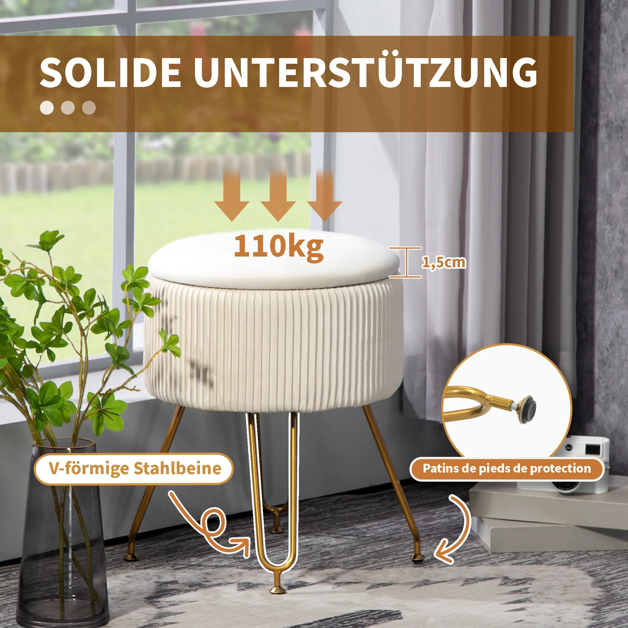 2-in-1-Aufbewahrungshocker mit Metallbeinen, runder Fußhocker für Wohnzimmer, Schlafzimmer, Flur, Cremeweiß