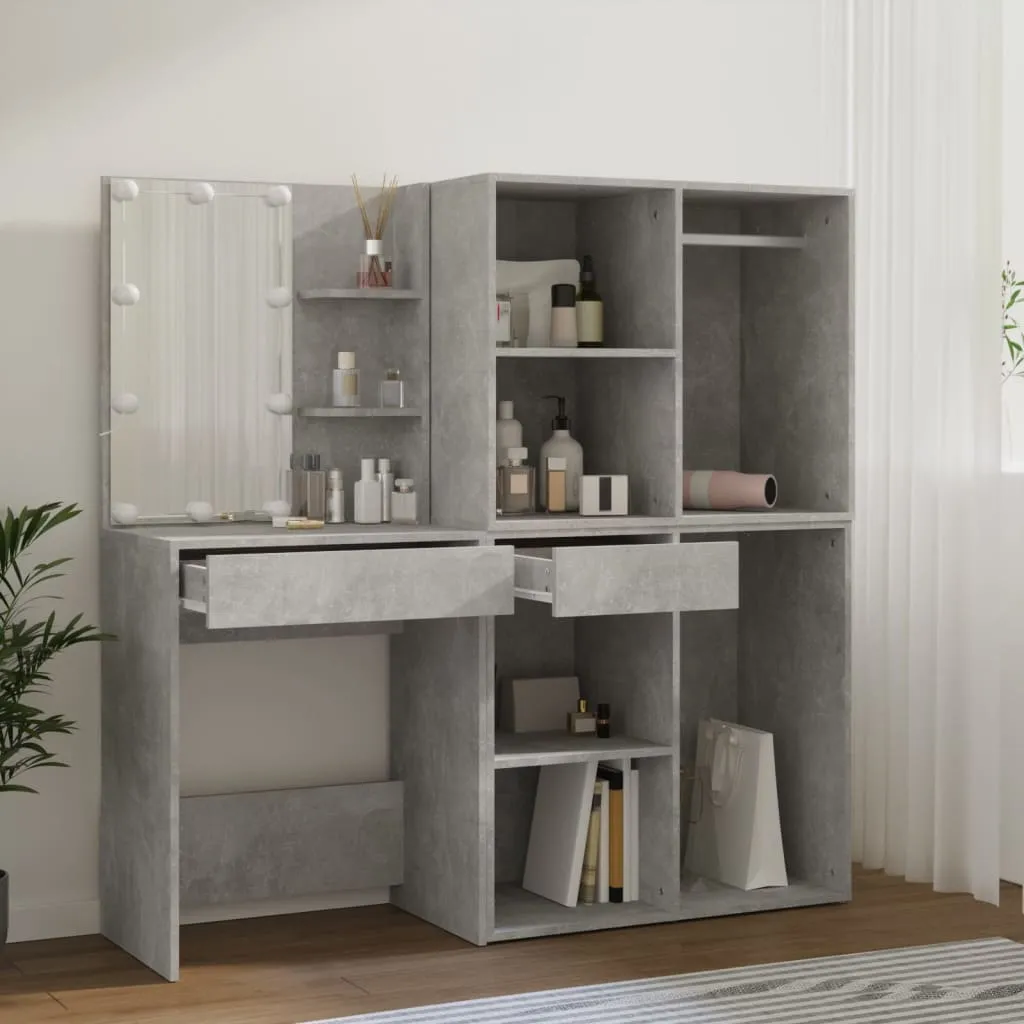 LED-Schminktisch Betongrau 60x40x140 cm mit 2 Schränken aus Holzwerkstoff