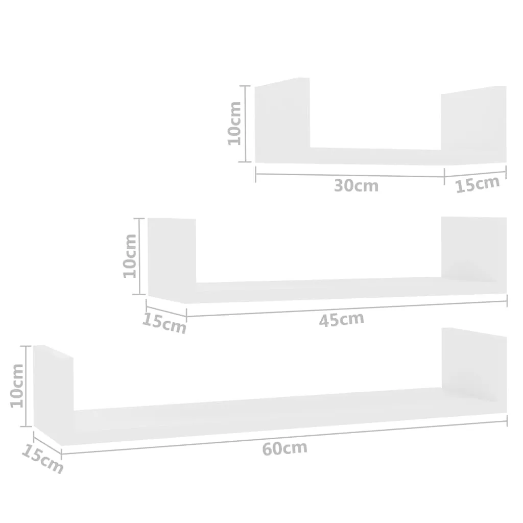 3-teiliges weißes Holzwerkstoff Regalset 60x15x10, 45x15x10, 30x15x10 cm