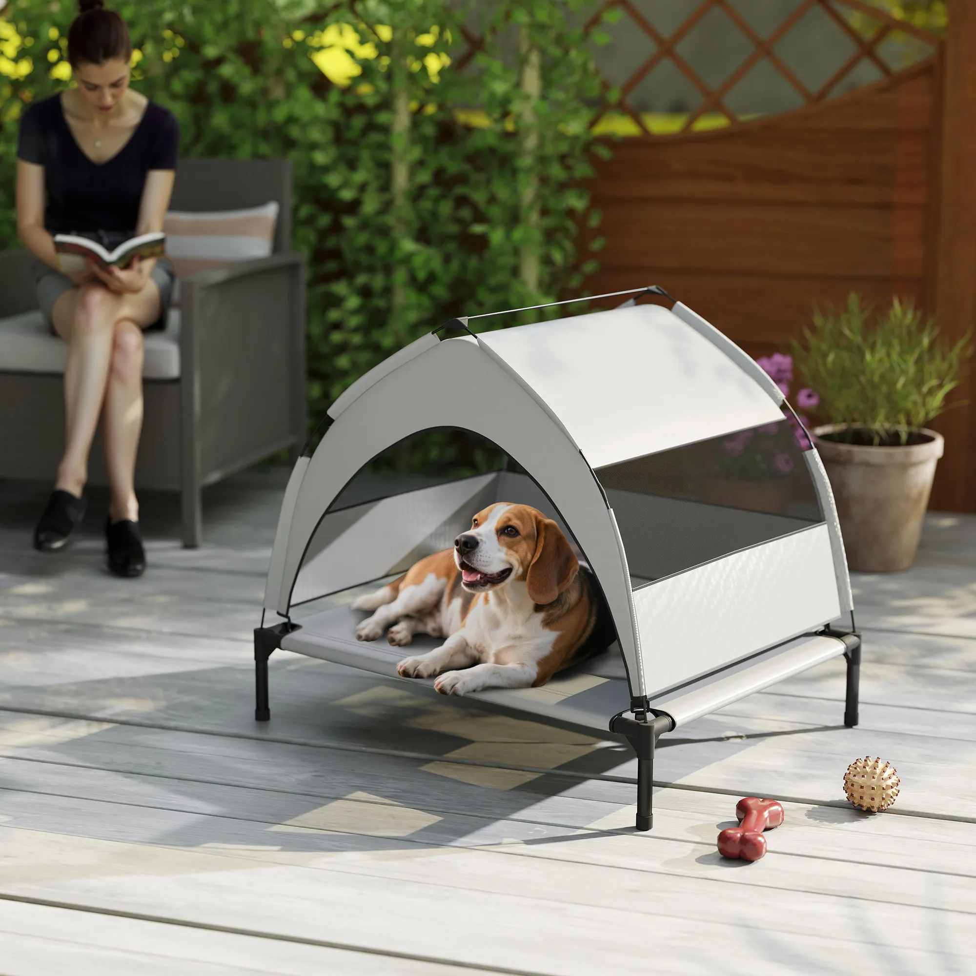 Hundebett Outdoor erhöht mit Dach, Stahlrahmen, 76x61x70cm, Hellgrau