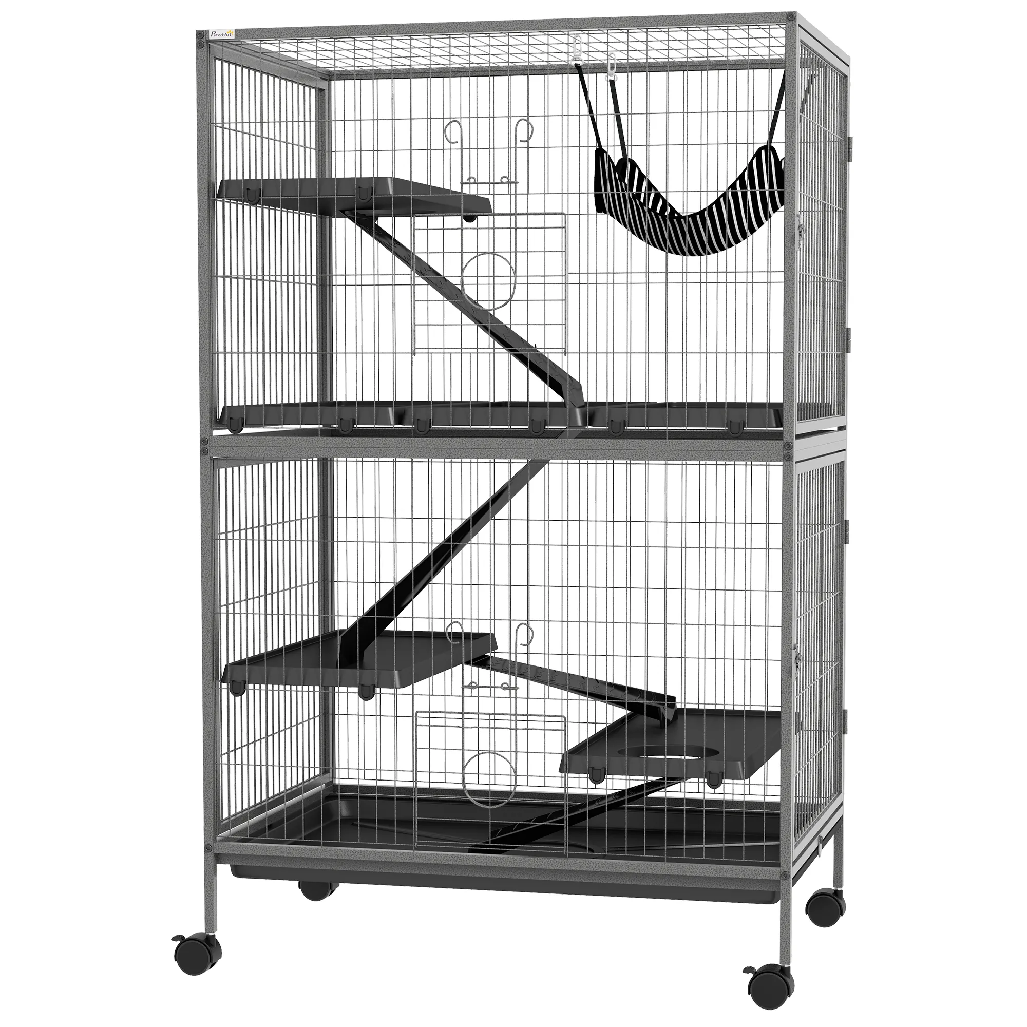 Kleintierkäfig mit Hängematte, Nagetierkäfig mit Rollen, 4-stöckiger Käfig, Metall, Kunststoff, 80 x 52 x 128 cm, Grau