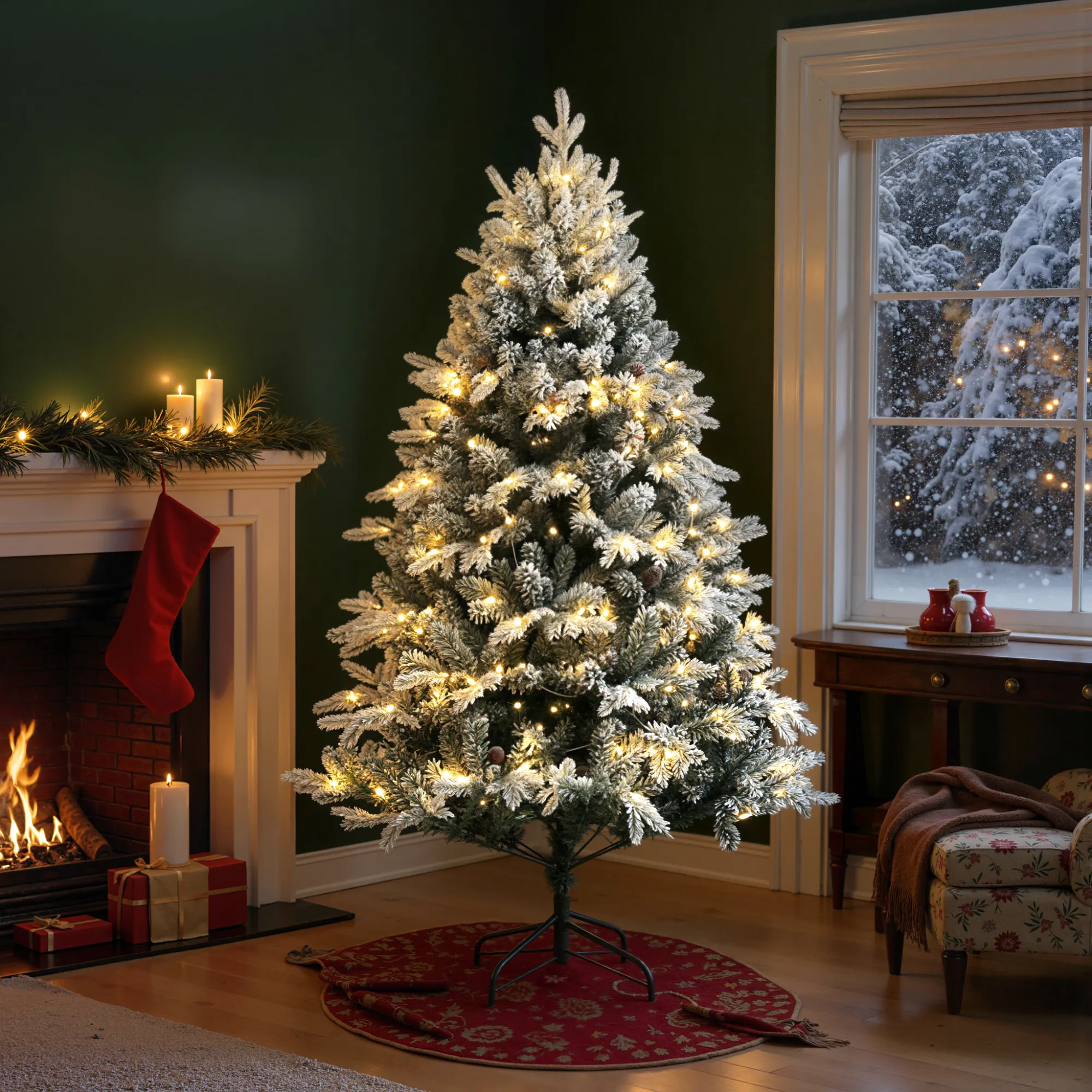 Künstlicher Weihnachtsbaum 180 cm mit LED-Lichter, beschneit, Grün