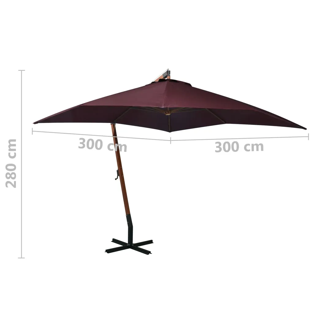 Ampelschirm Bordeauxrot 300x300 cm mit Massivholz-Mast und Bambusrippen