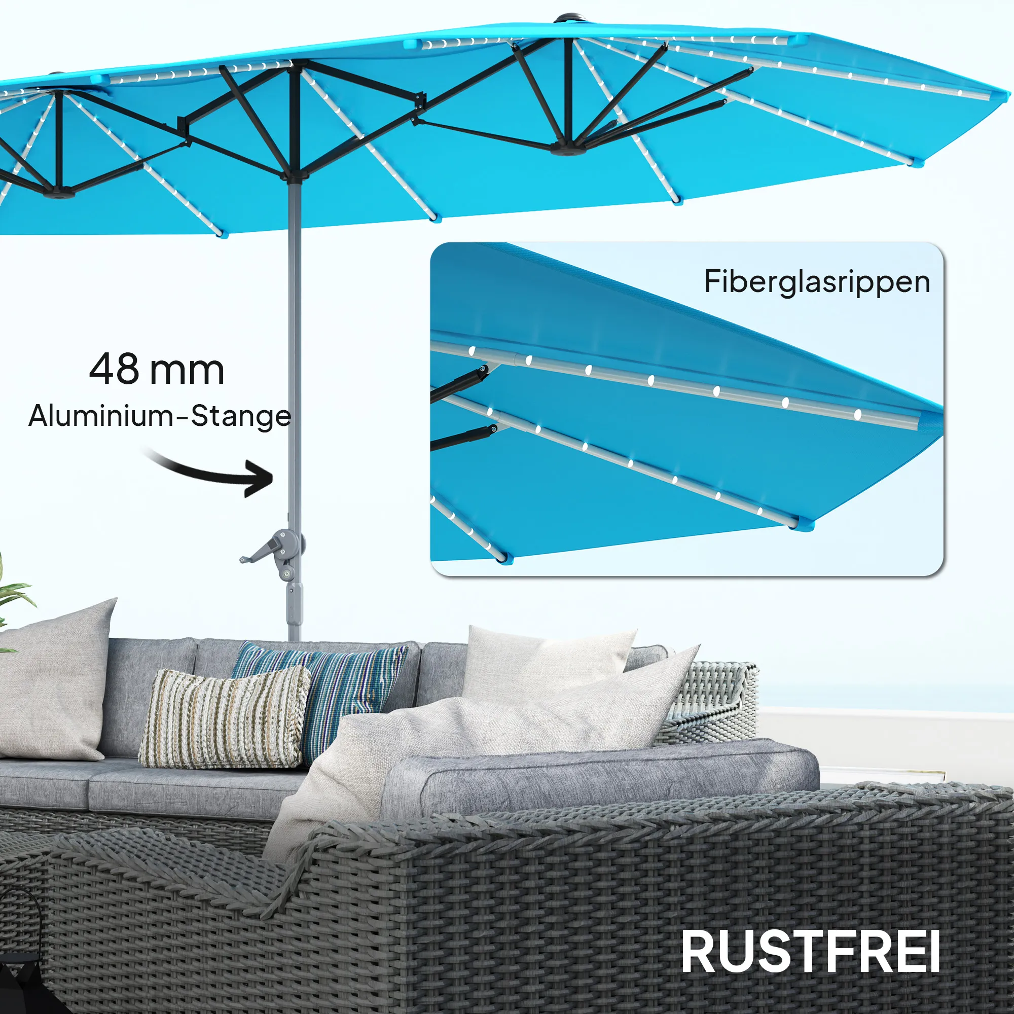 Doppelsonnenschirm Blau 451L x 267B x 249H cm mit Lichtern