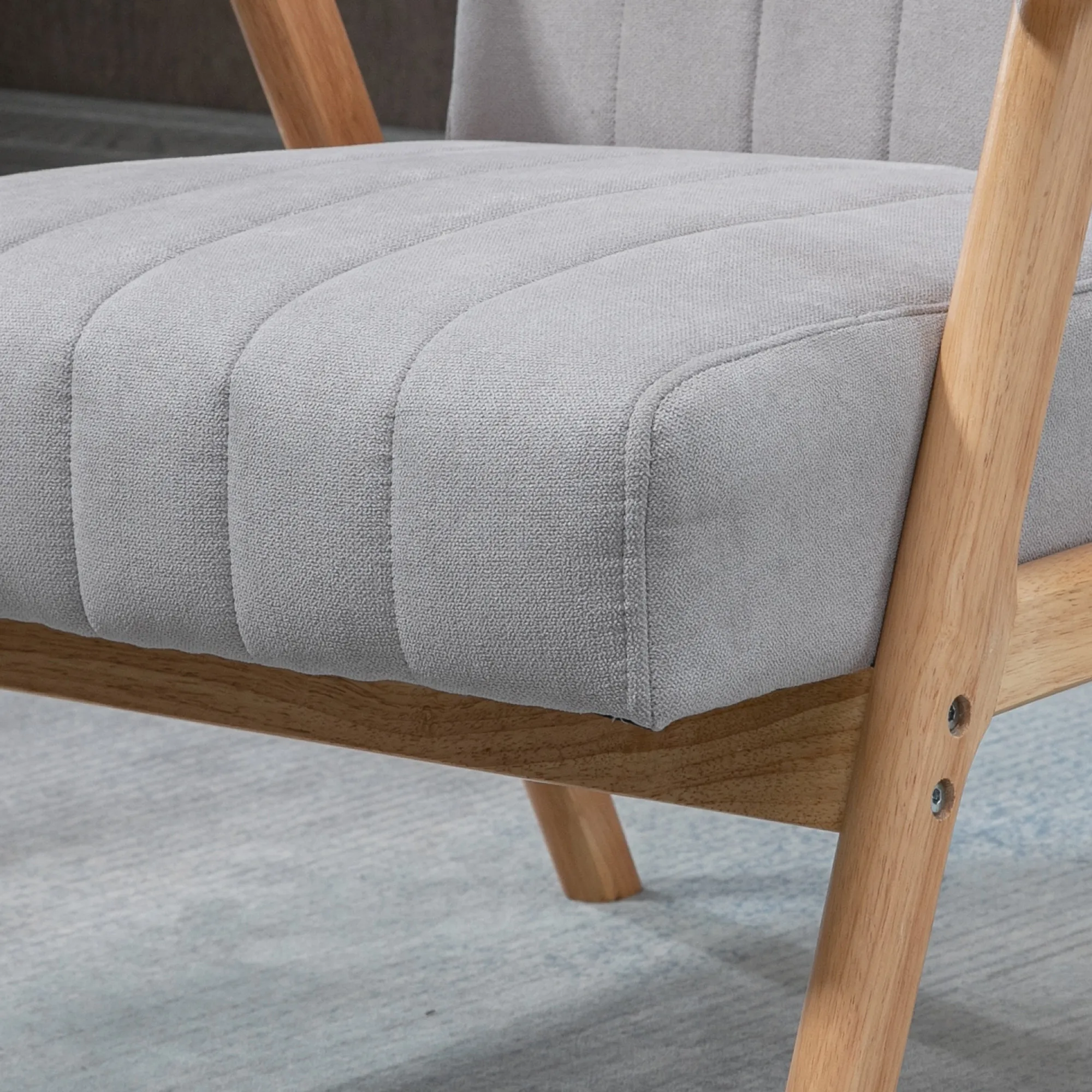 Sessel im Skandi-Design, bis 120 kg, Samtoptik, Massivholz  68 cm x 74 cm x 82 cm, Natur + Grau