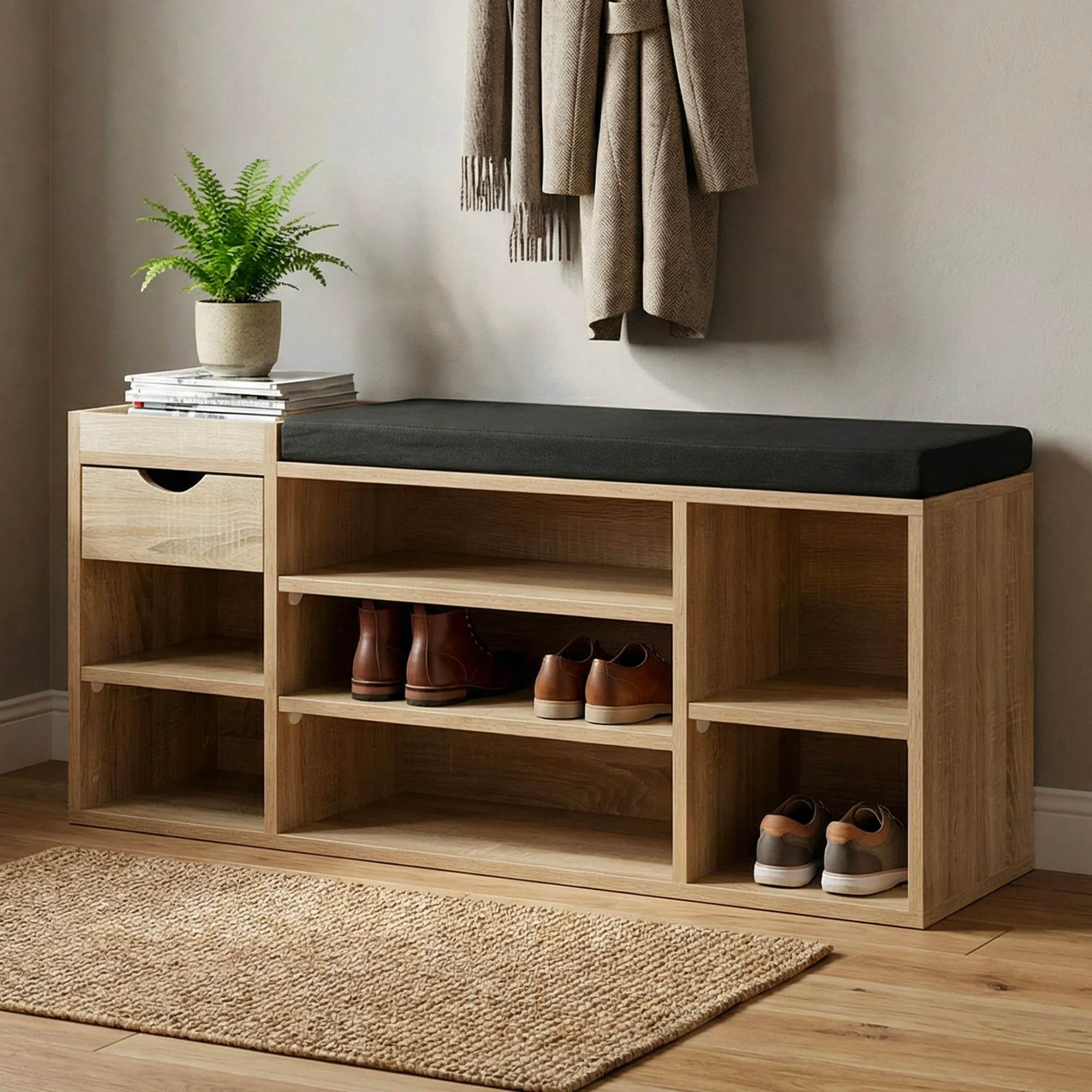 Schuhbank Flur Sonoma Eiche 100cm mit Sitzkissen – Sitzbank mit Schublade und verstellbaren Regalböden – Flurmöbel Schuhregal modern für den Eingangsbereich – Flurbank mit Stauraum