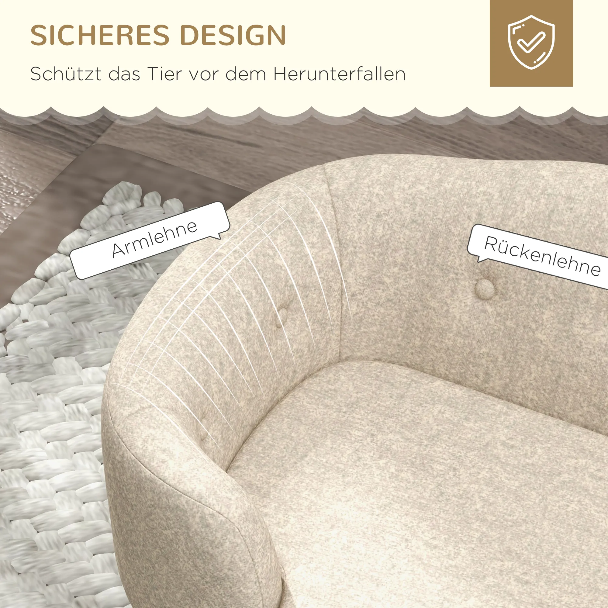 Hundesofa aus Kiefernholz mit Plüsch, 70 x 47 x 30 cm, Cremeweiß