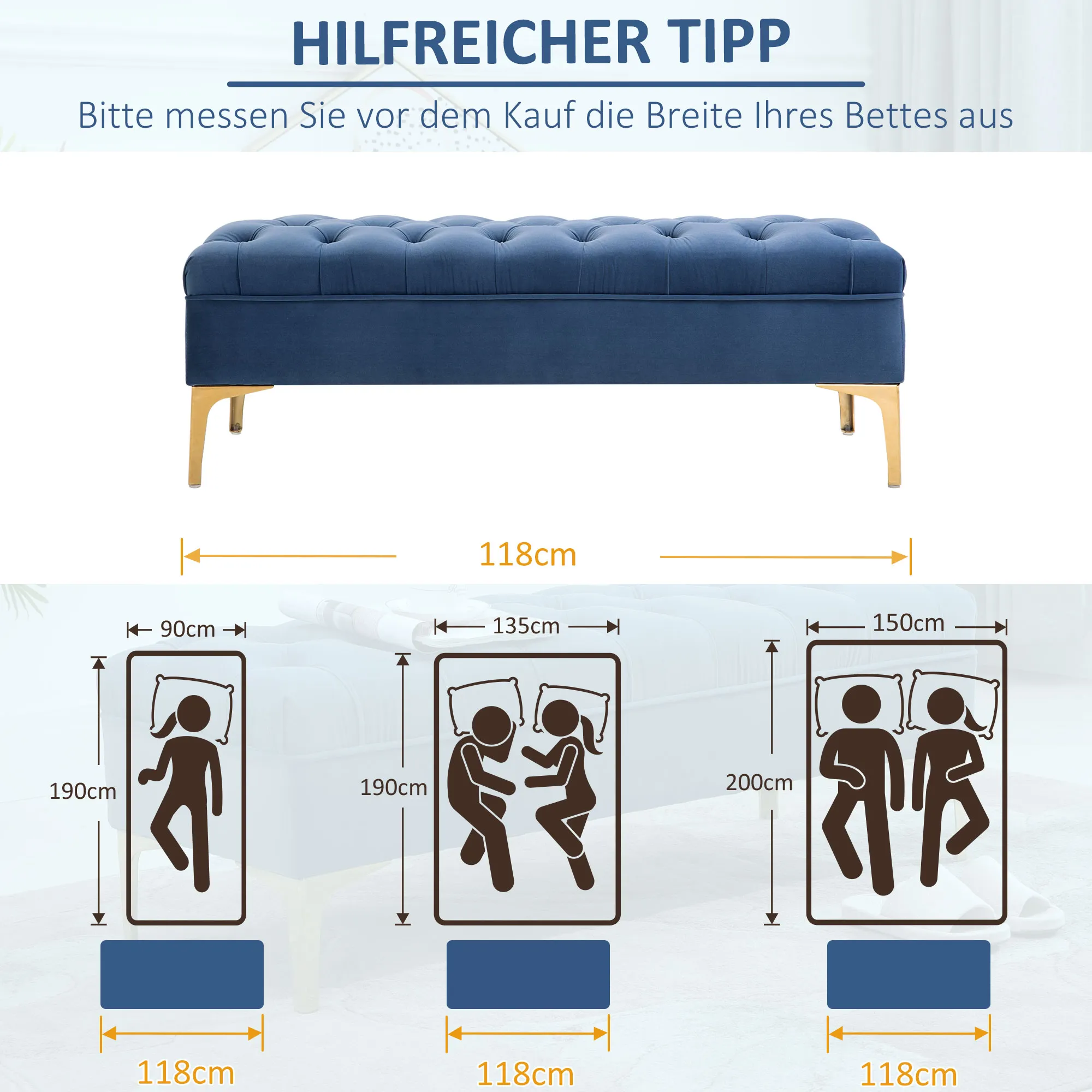Eleganter Polsterhocker 118x45x42 cm Blau-Gold