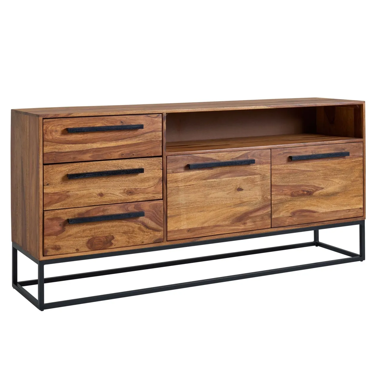 WOHNLING Sideboard 165x80x40 cm Sheesham Massivholz / Metall mit Weinregal