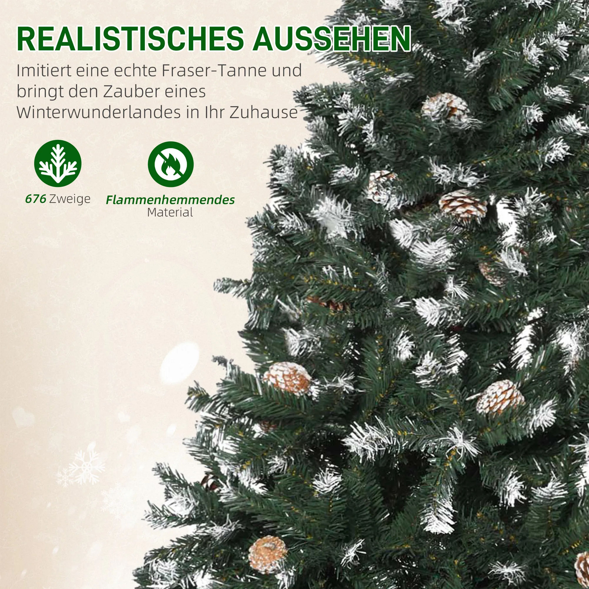 Künstlicher Weihnachtsbaum, 676 Zweige, 41 Zapfen, verschneite Spitzen, feuerfest, 180 cm