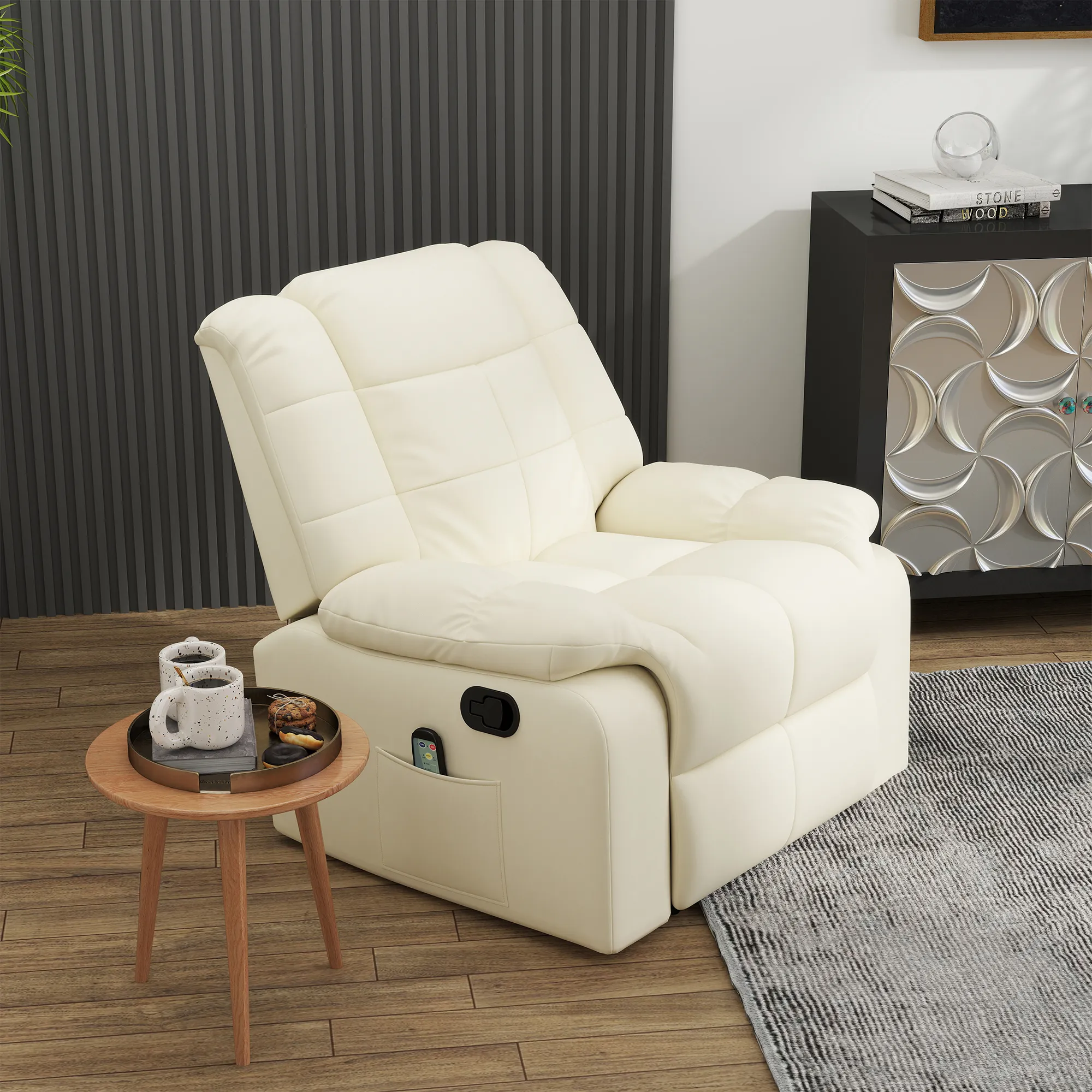 Massagesessel, Relaxsessel, 8 Vibrationspunkte, Liegefunktion, Kunstleder, cremeweiß, 94x99x99cm