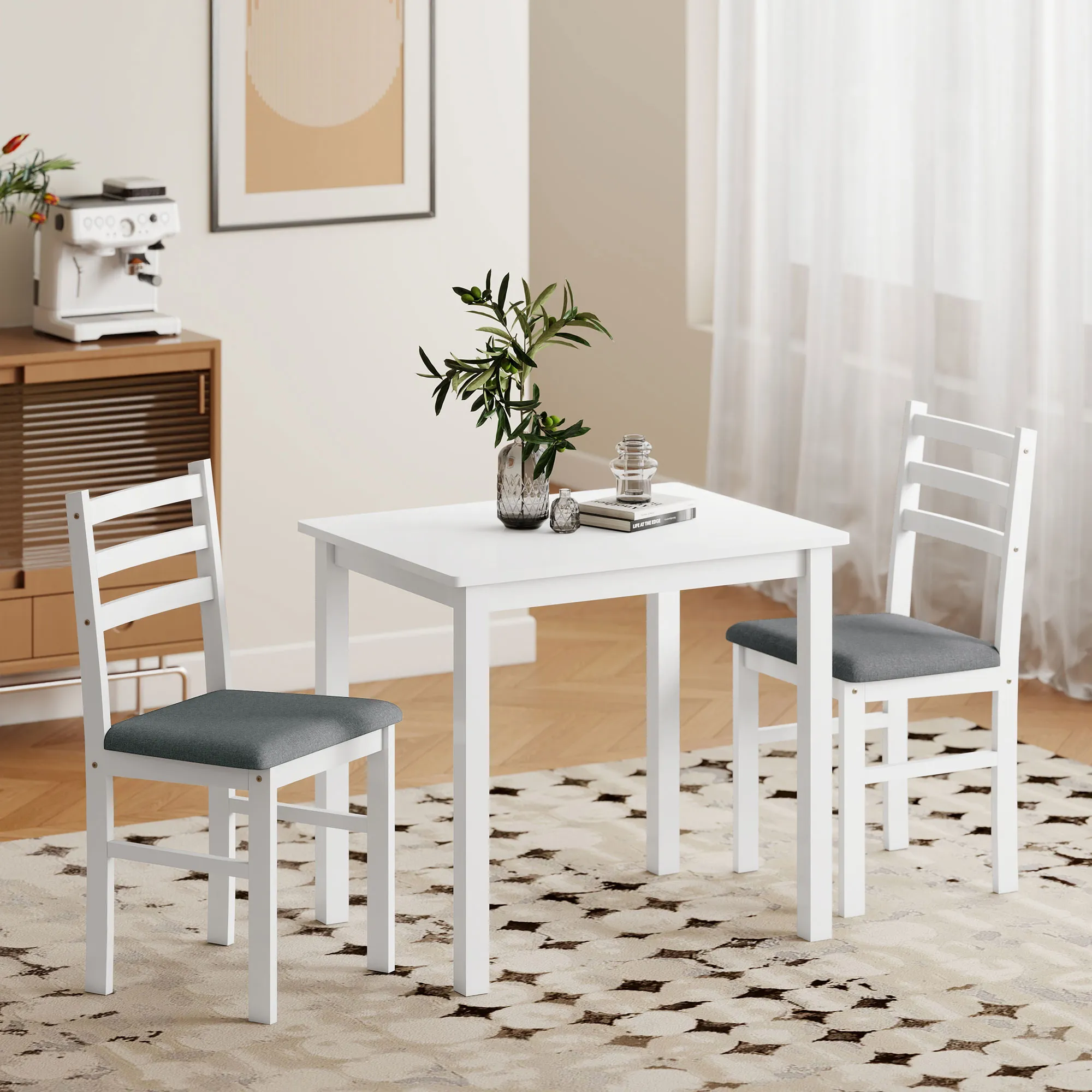 3-teiliges Esstisch-Set mit 2 Stühlen, Küchentisch für kompakte Räume, gepolsterte Stühle, platzsparend, MDF, Weiß