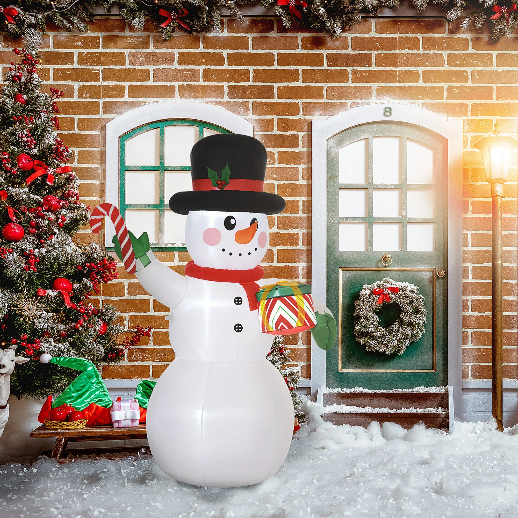 1,80 m Schneemann mit Zuckerstange & Geschenk, selbstaufblasbar, LEDs, wetterfest