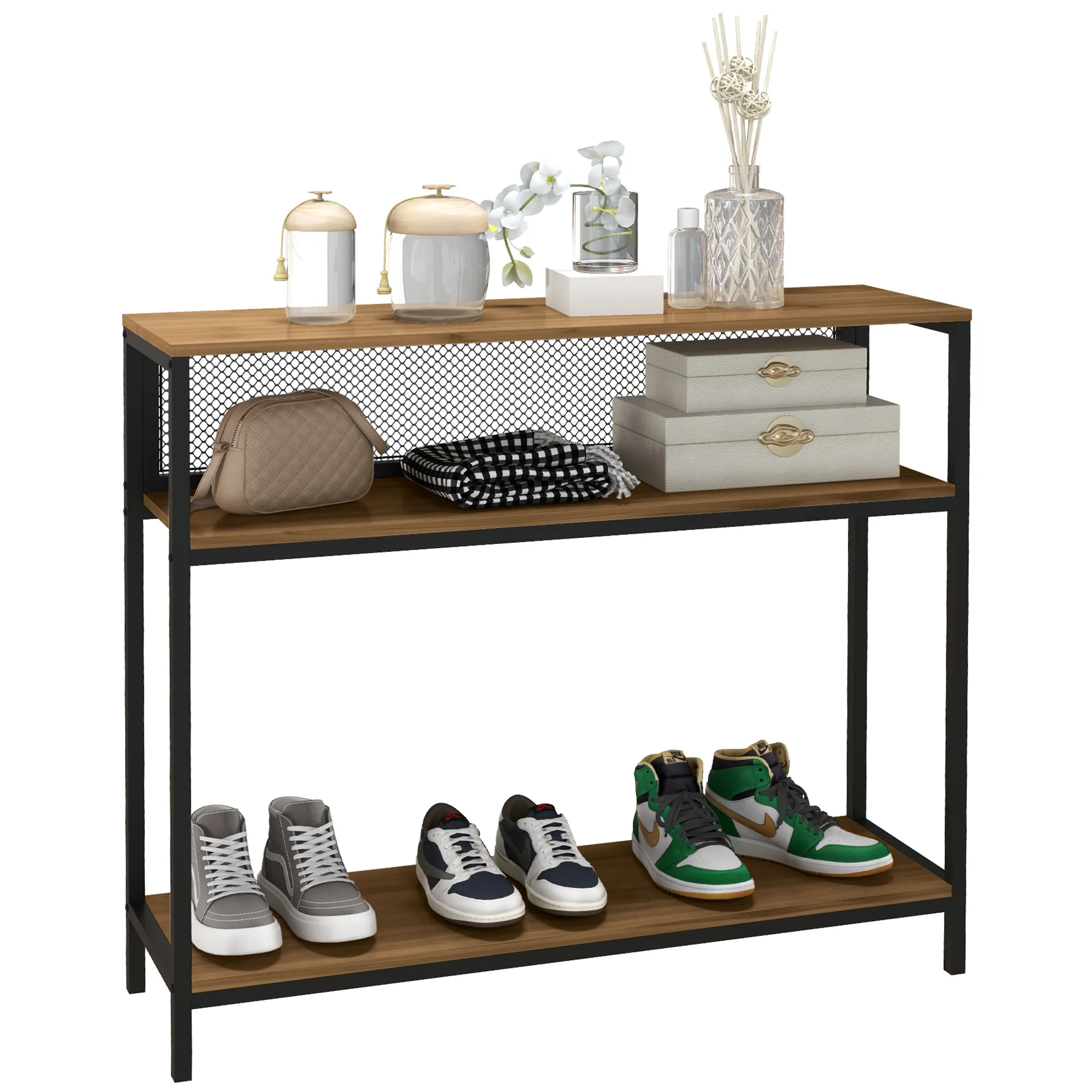 Sideboard Konsolentisch Flurregal, Industriedesign, 100 cm x 29,5 cm x 90 cm, Braun + Schwarz