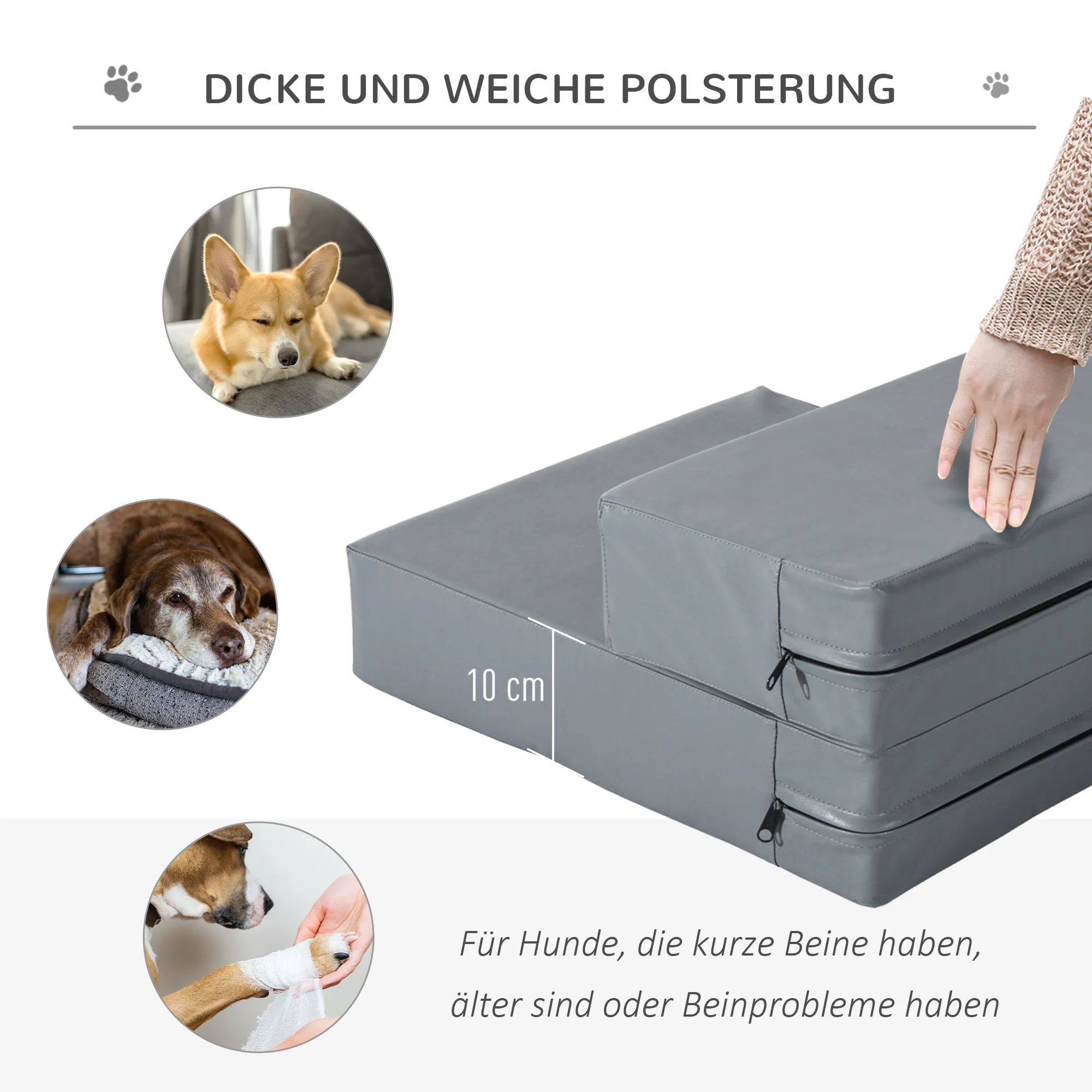 Hundetreppe für kleine Hunde bis 7 kg aus PU-Leder, Grau