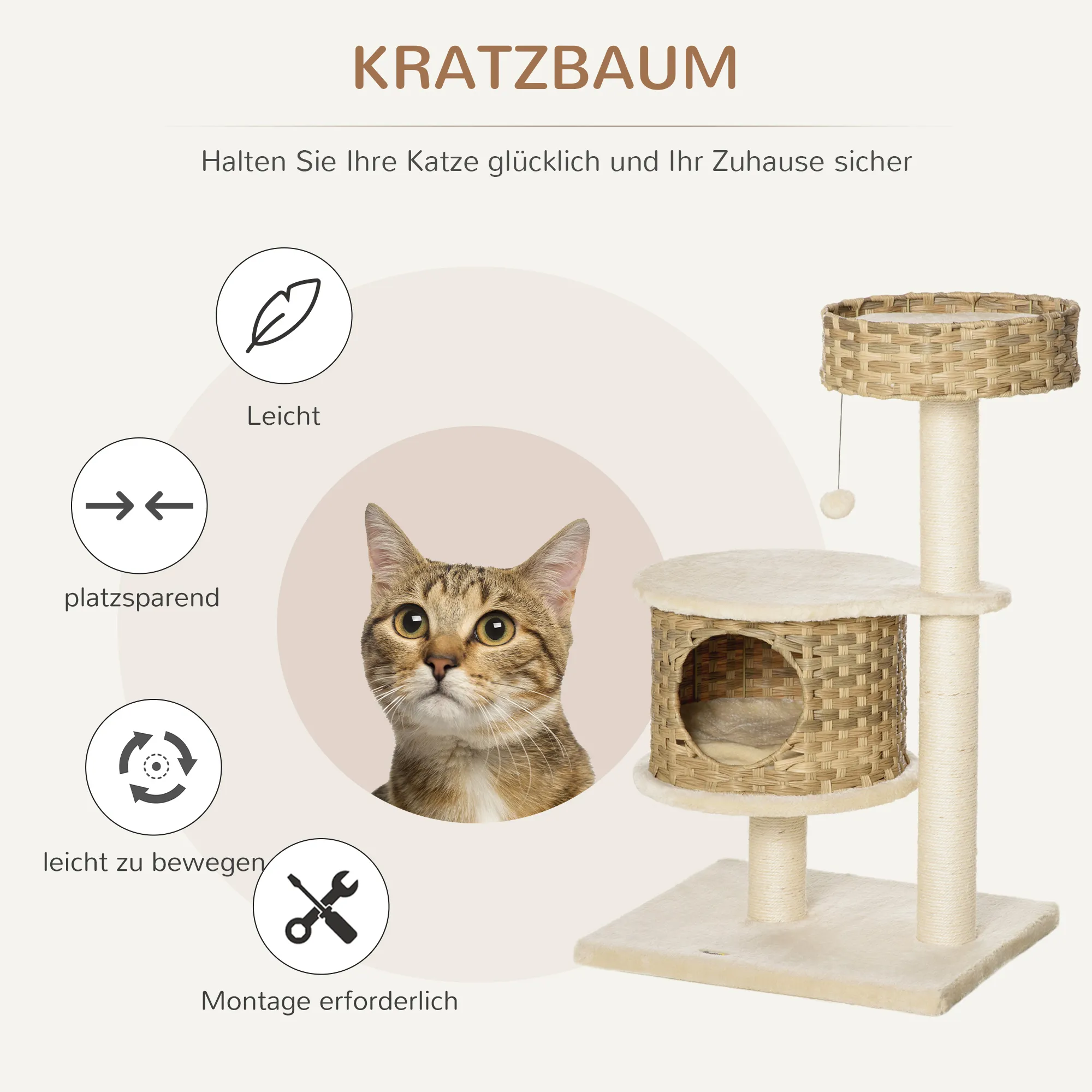 Katzenkratzbaum Natur+Beige 55L x 47B x 95H cm