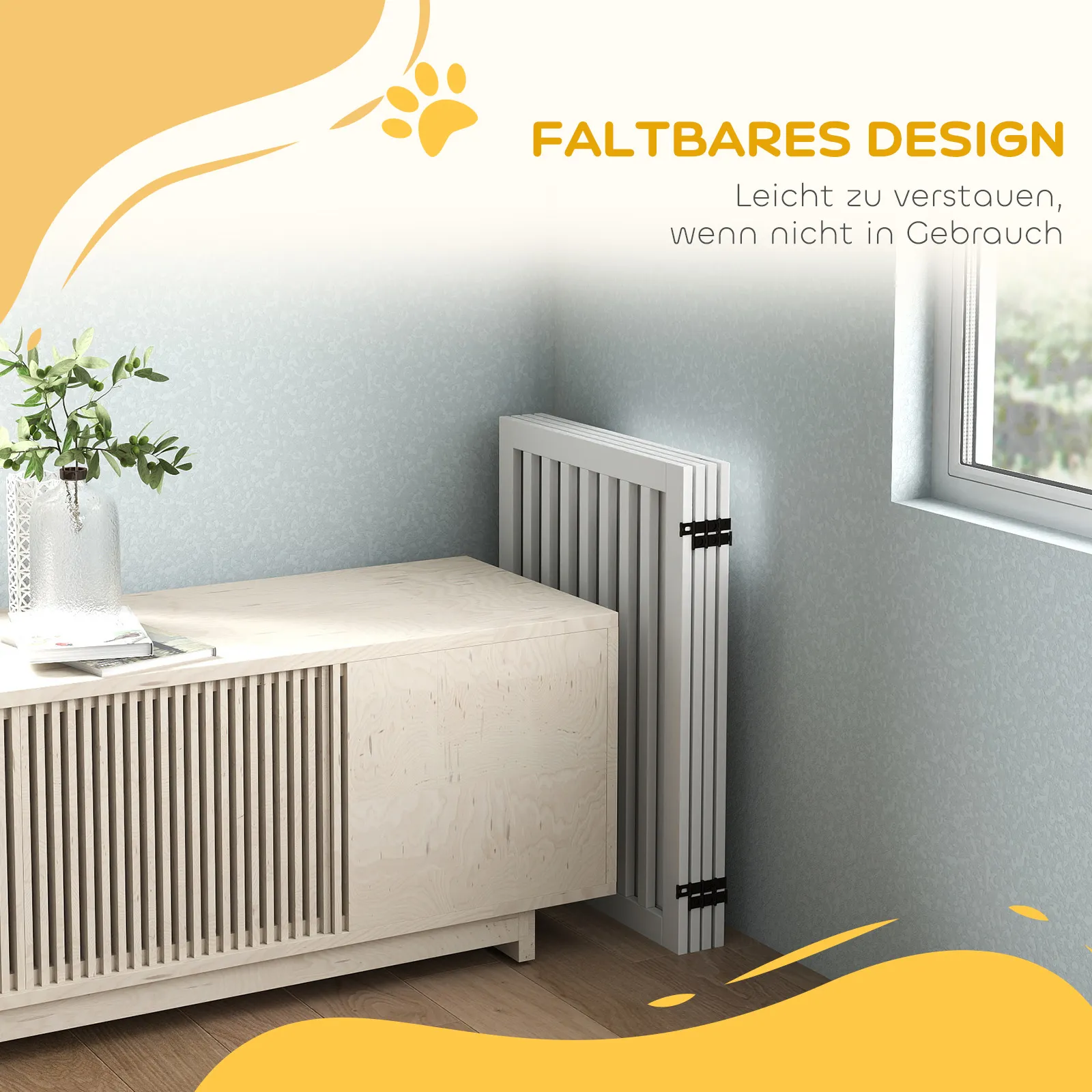 Haustiergitter aus MDF Holz, faltbar, 240x81 cm, Weiß