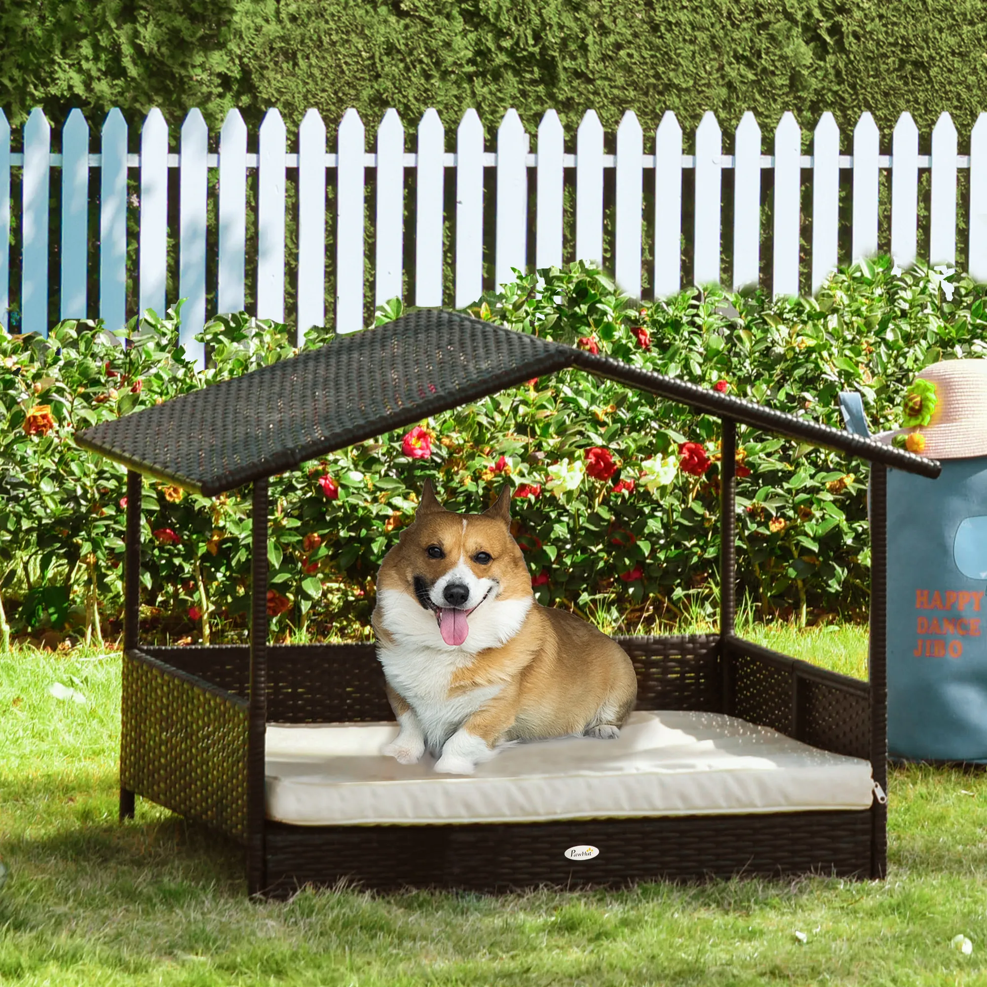 Hundeliege Outdoor mit Dach aus PE Rattan, 69 x 98 x 70 cm, Braun